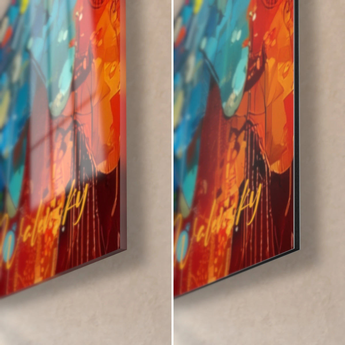 Tableau oiseau en patchwork orange et bleu, coin bas droit : verre acrylique brillant à gauche, Dibond mat à droite, tranche de 3 mm