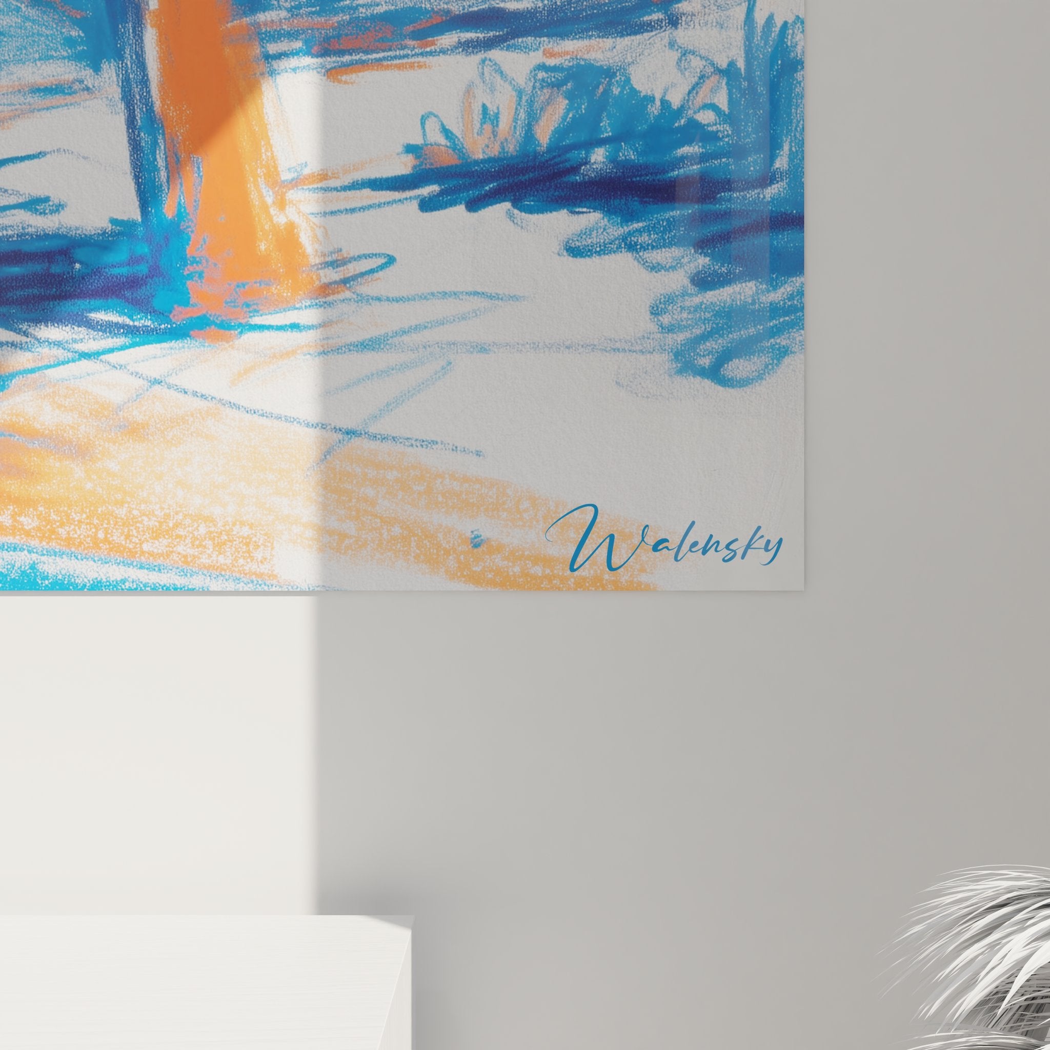 Vue ensemble tableau mural palmier désert, œuvre art moderne oasis, décoration bleue orange