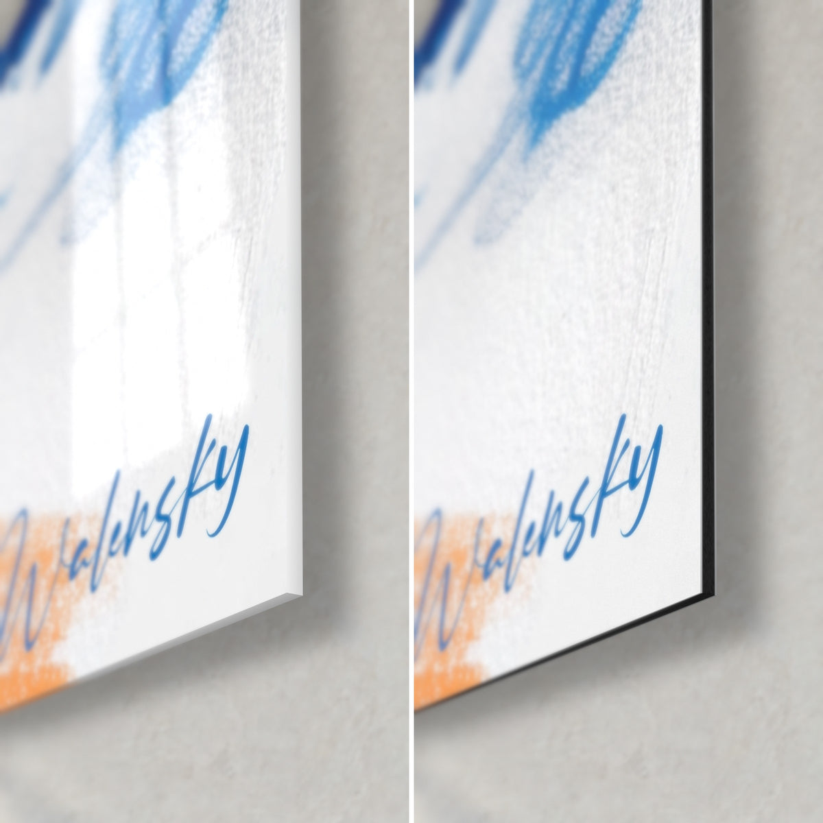 Wall art pastel desert palm, bottom right corner, blue signature on white and orange ground, glossy glass and matte Dibond