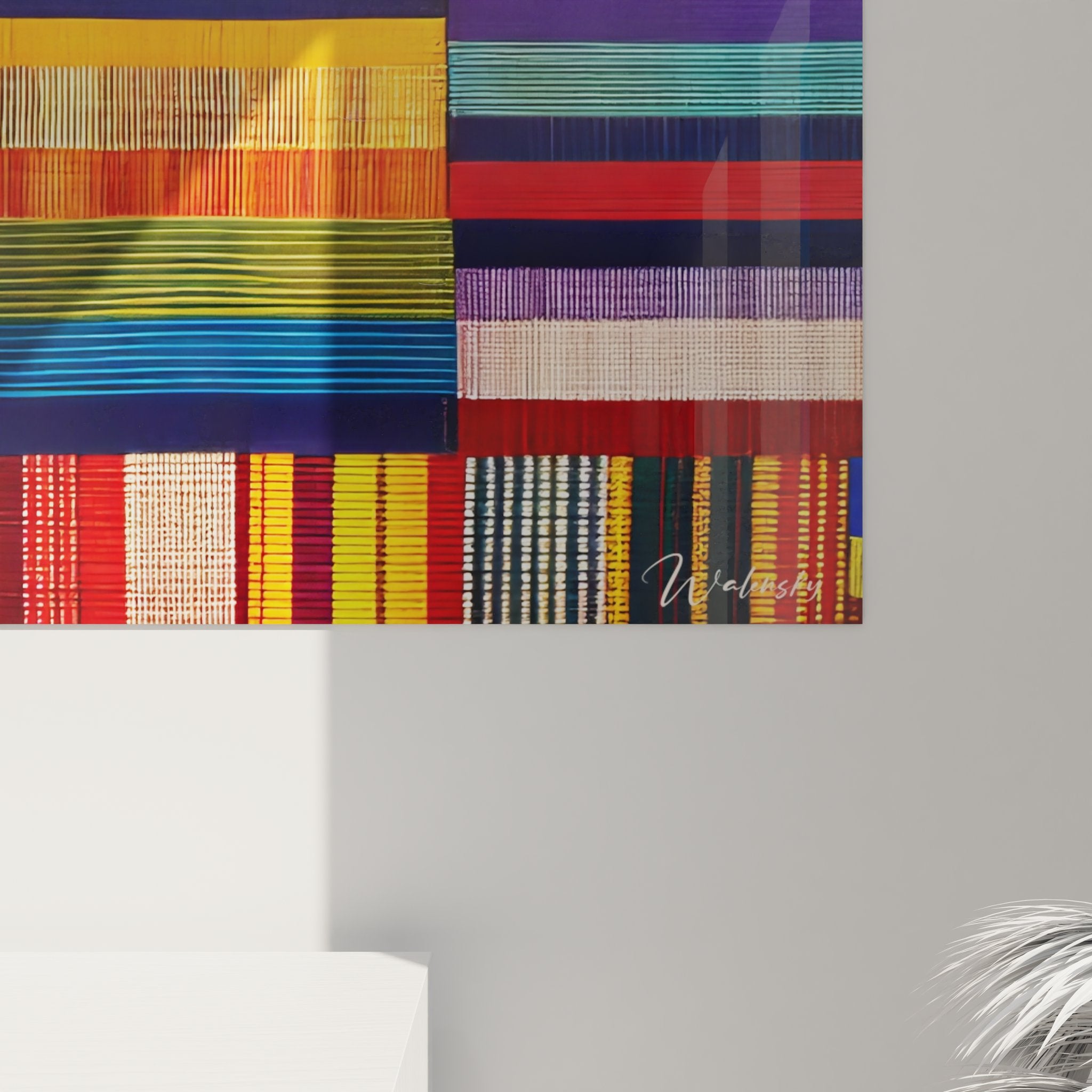 Vue ensemble tableau patchwork textile africain mosaïque colorée art mural ethnique contemporain