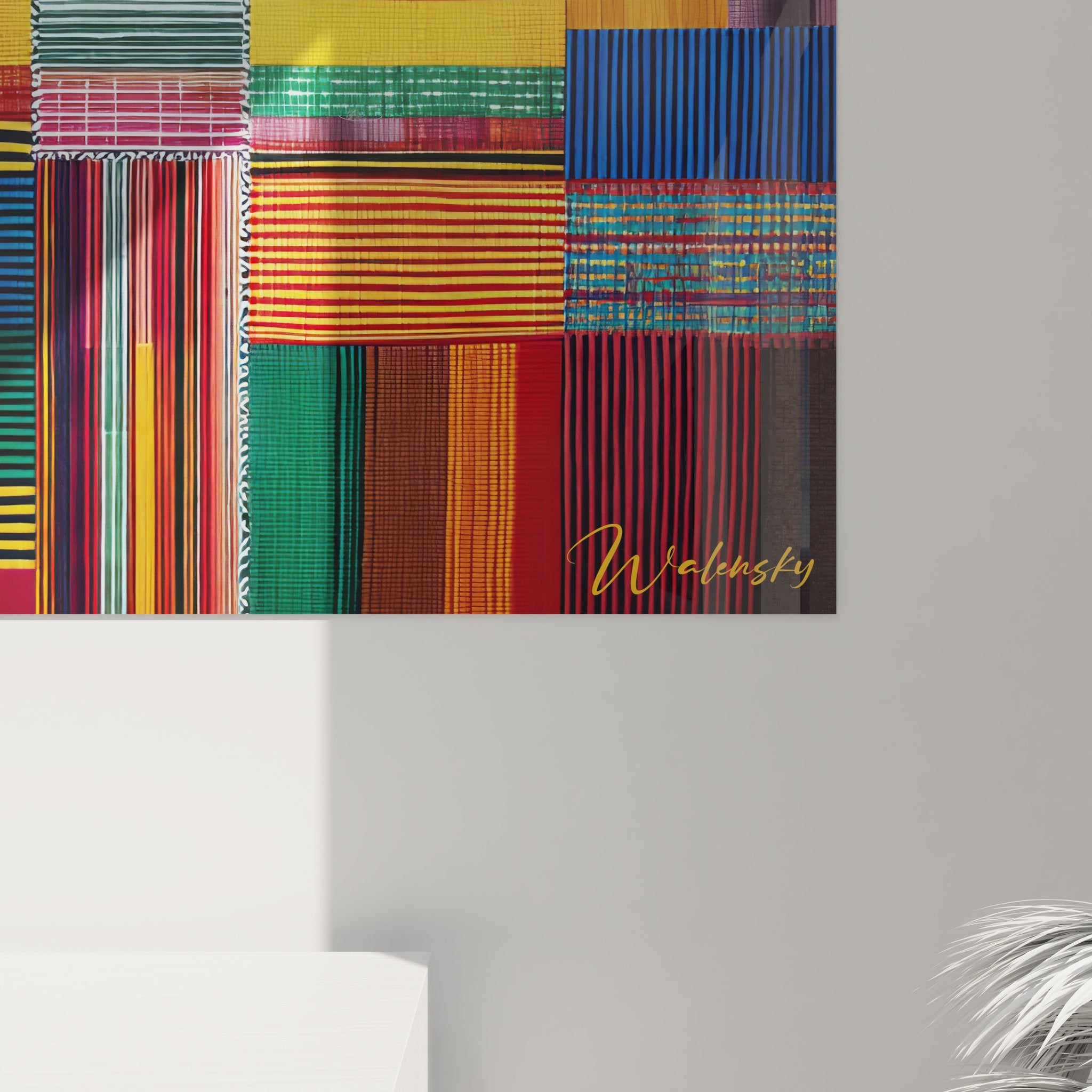 Vue d'ensemble du tableau mural patchwork tissus africains dans son environnement