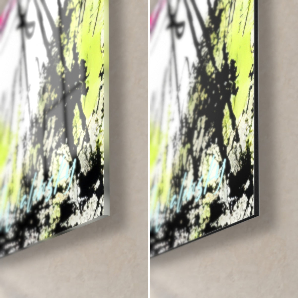 Schilderij met gekrabbelde fuchsia bomen, rechtsonder: glanzend acrylglas links, mat zwart Dibond rechts, rand van 3 mm