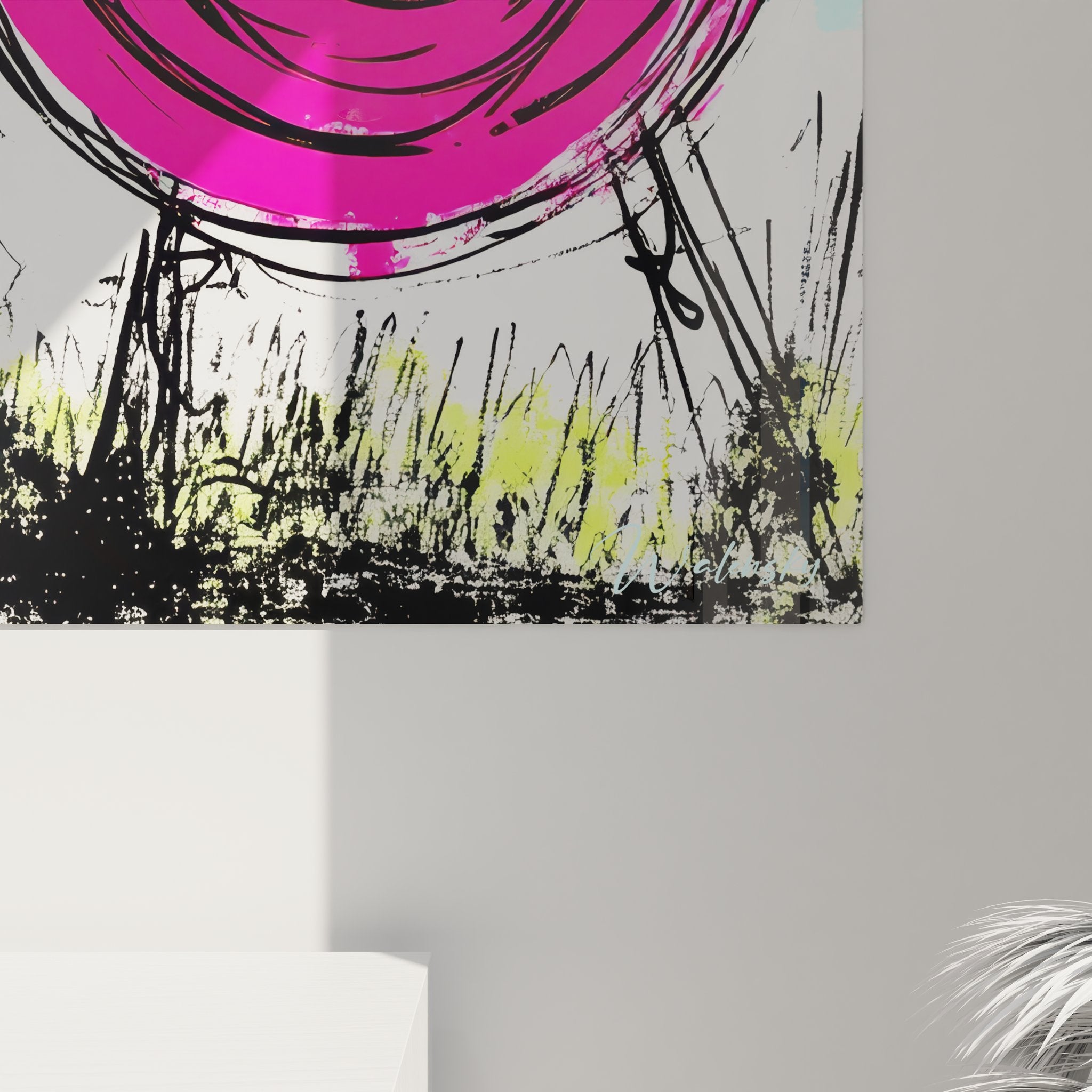 Vue ensemble tableau mural paysage abstrait dessin moderne avec spirale rose et herbes stylisées