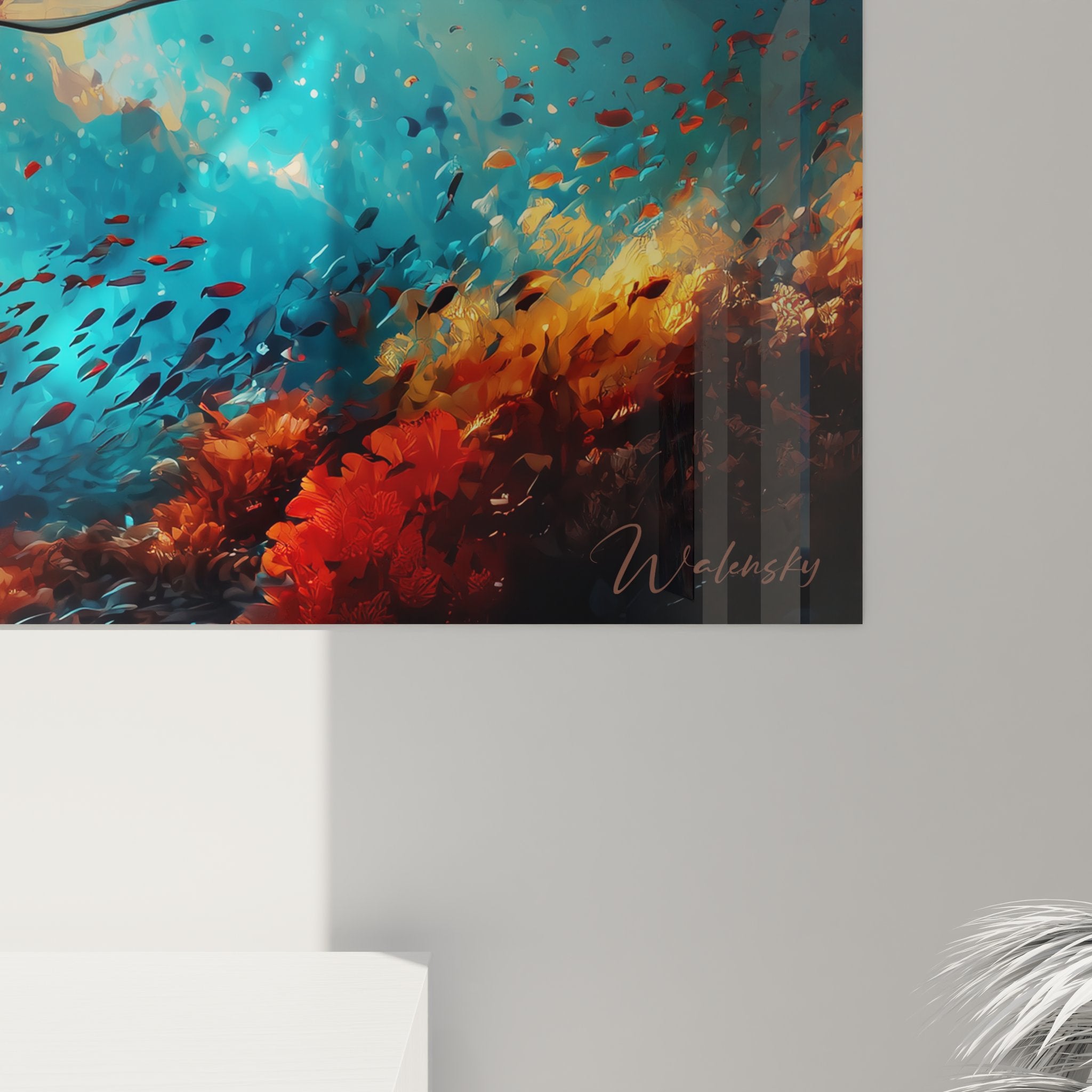 Vue d'ensemble tableau mural paysage aquatique divisé entre ciel doré et monde sous-marin