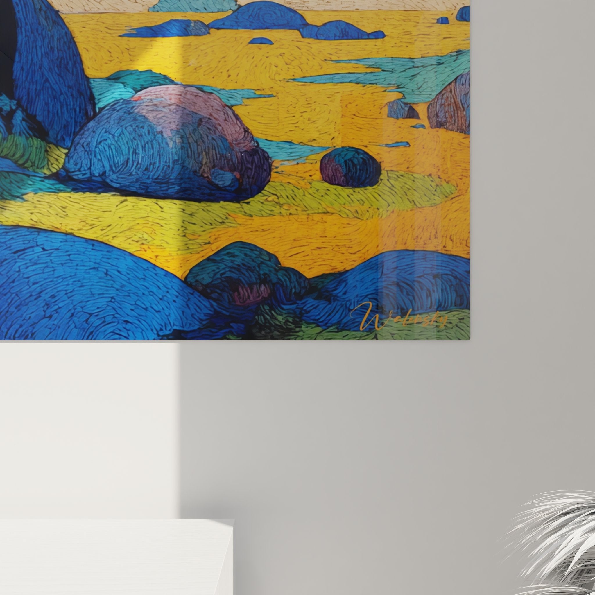 Vue ensemble tableau mural paysage arbre coucher soleil rochers bleus tons dorés œuvre art décorative complète