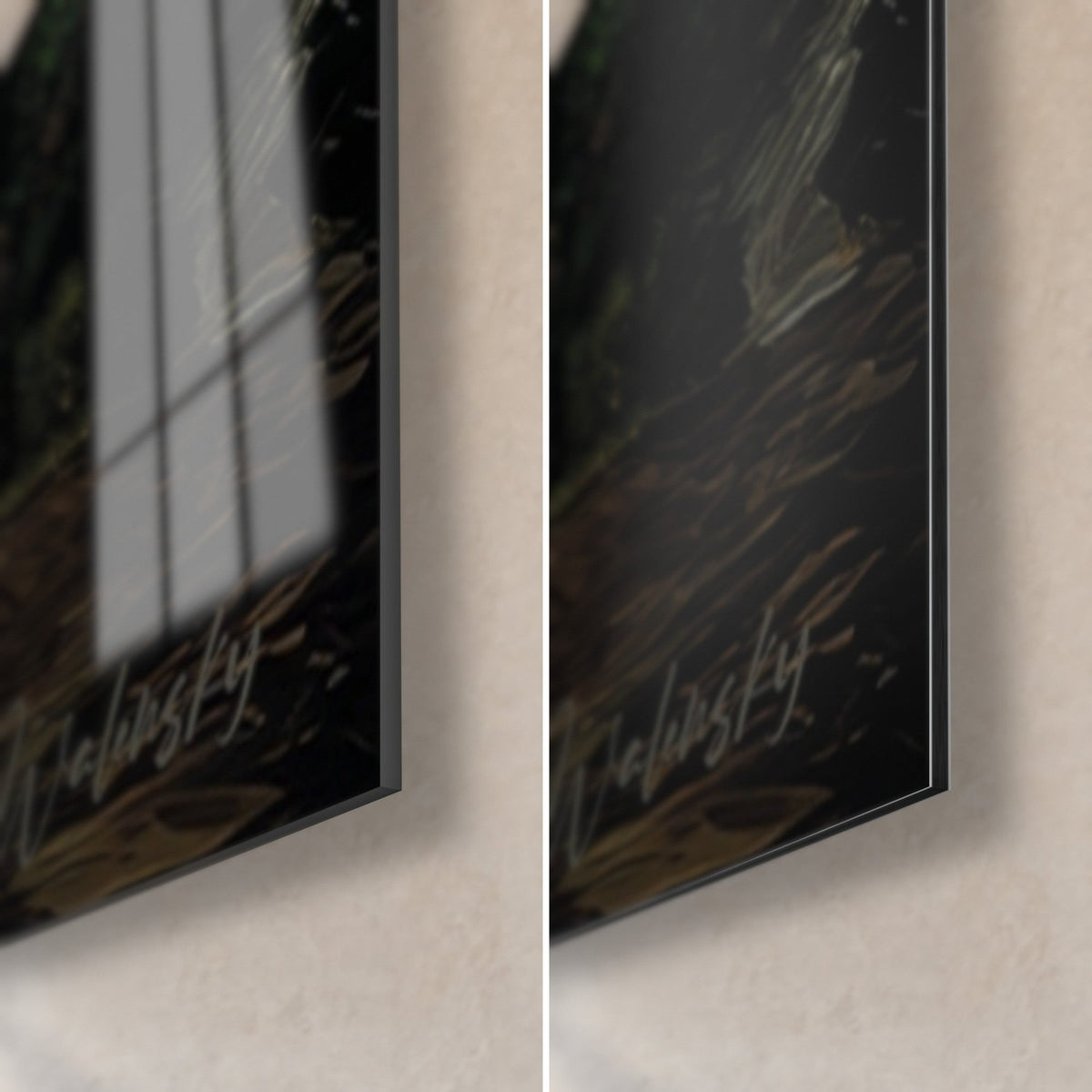 Gemälde Herbstbaum als Triptychon, Ecke unten rechts, glänzendes Glas links, mattes Dibond rechts, schwarze Kante von 3 mm