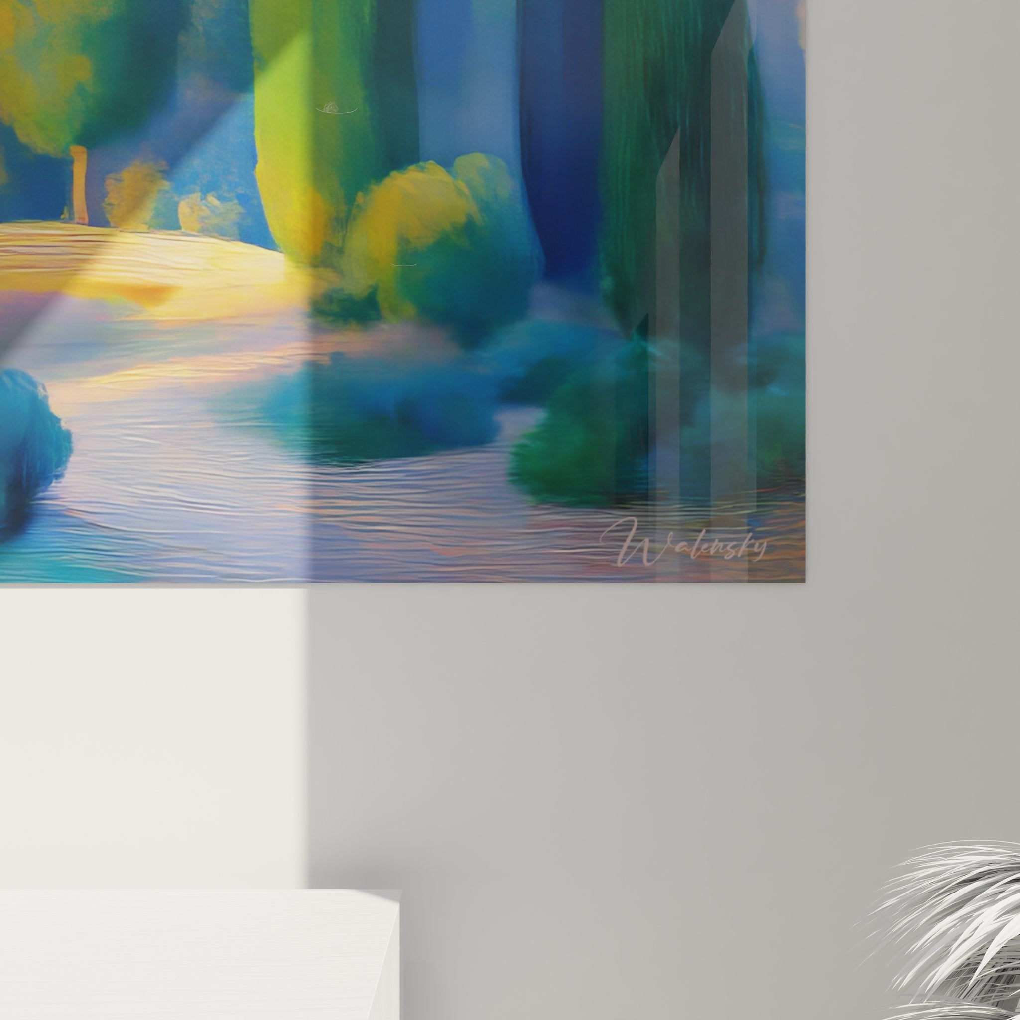 Vue ensemble tableau mural bord de mer style contemporain paysage cyprès et lumière dorée