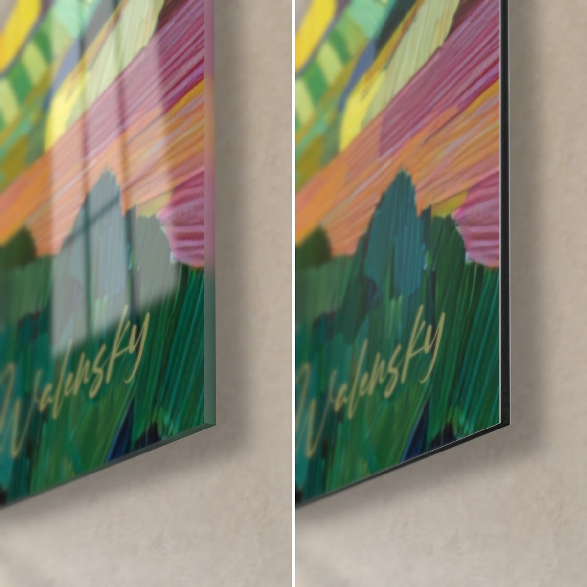 Schilderij mediterraan landschap, rechterbenedenhoek: groene en roze penseelstreken, gouden handtekening, 3 mm rand, glanzend glas en mat Dibond