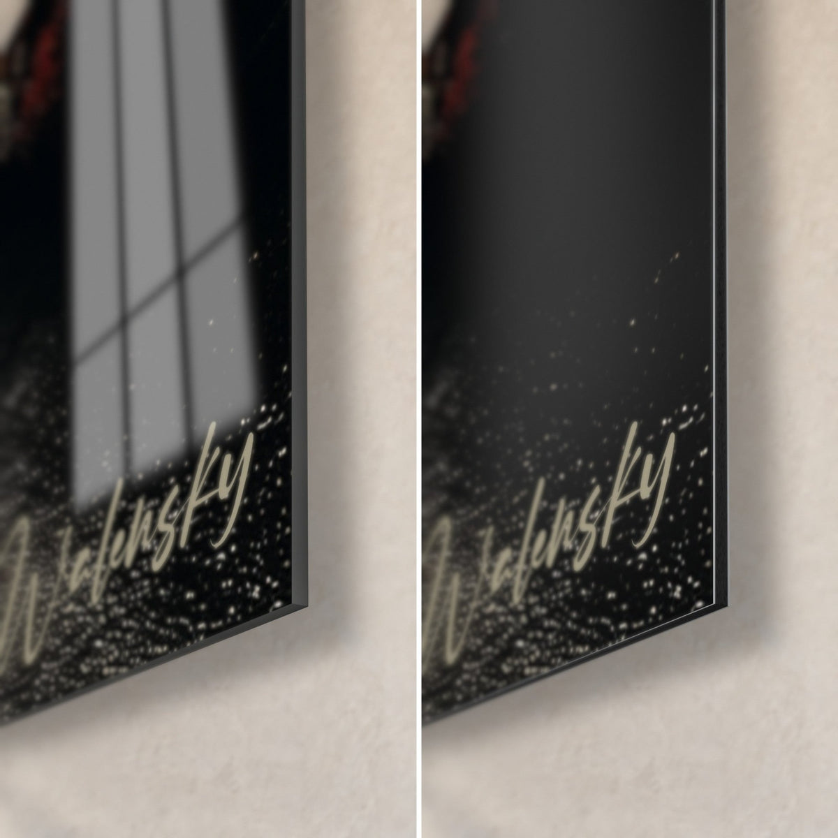 Gemälde Nachtlandschaft, unten rechts die goldene Signatur Walensky auf sternenklarem Schwarz, links glänzendes Acrylglas, rechts matttes Dibond