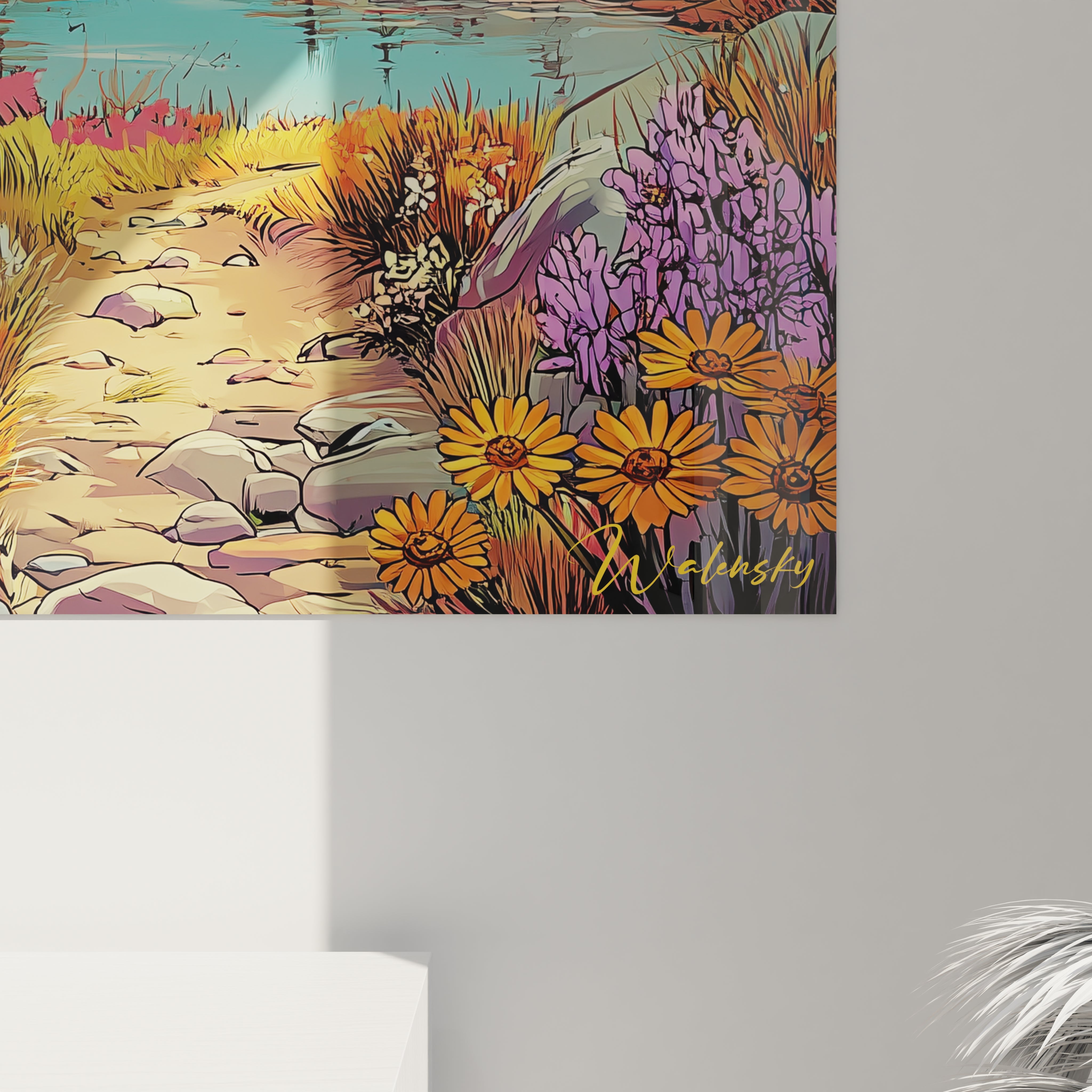 Vue ensemble tableau mural paysage fantastique deux lunes décoration murale style BD