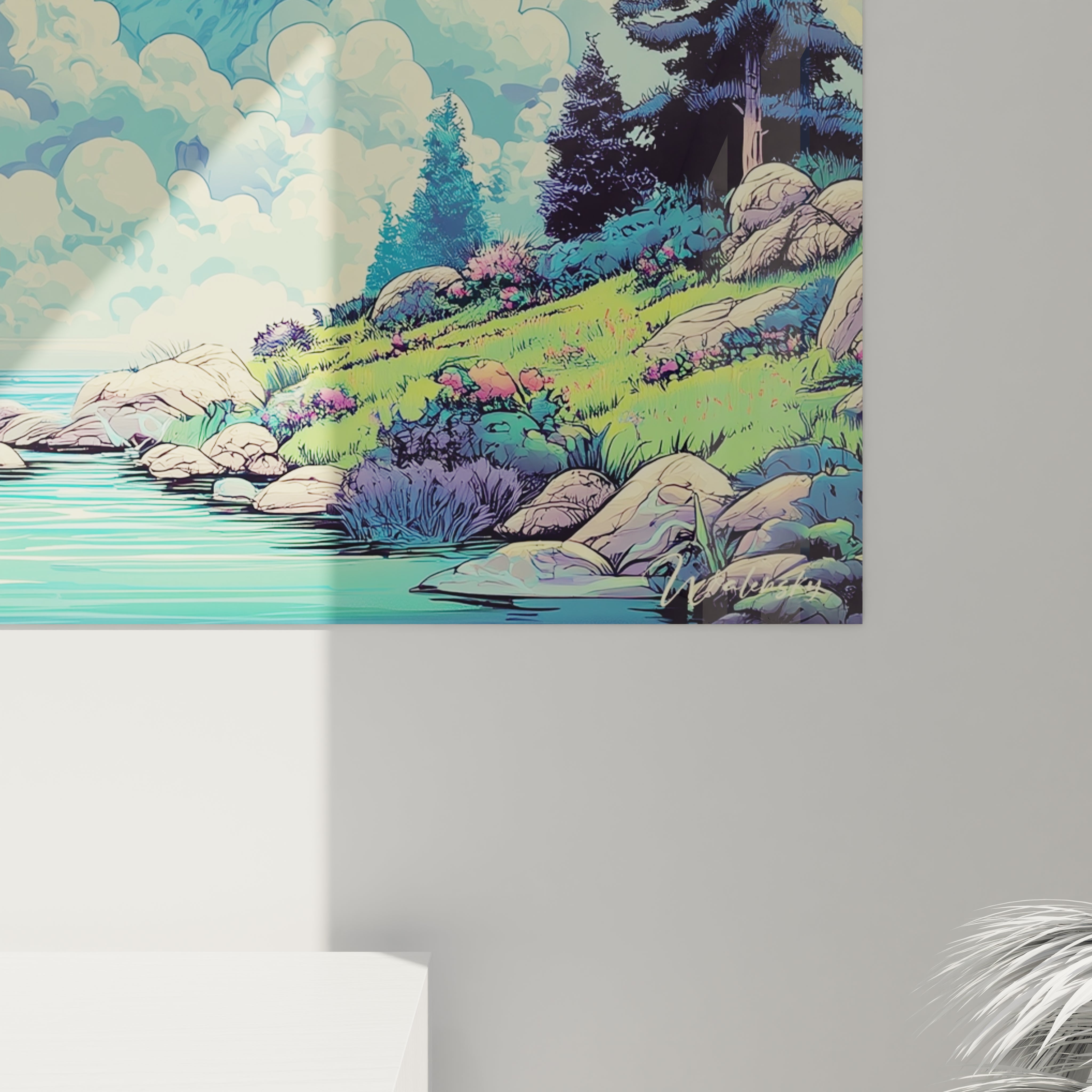 Vue ensemble tableau mural paysage fantastique coloré style bande dessinée dans intérieur moderne