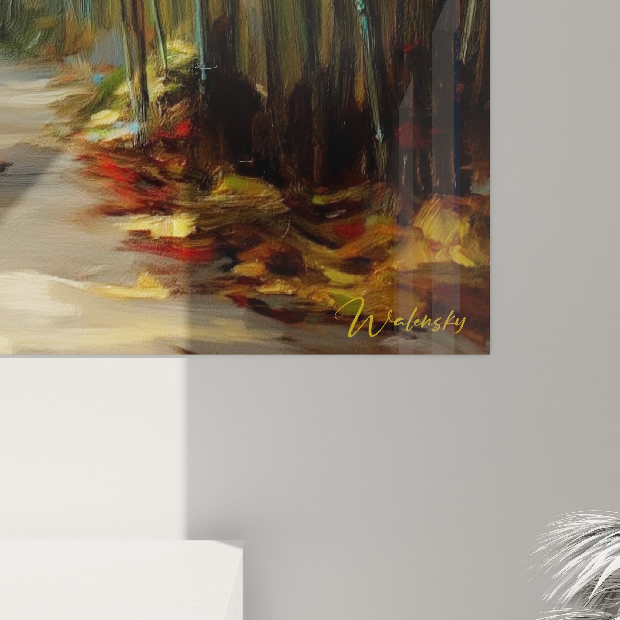 Vue ensemble tableau mural paysage forêt automne, décoration nature intérieur moderne