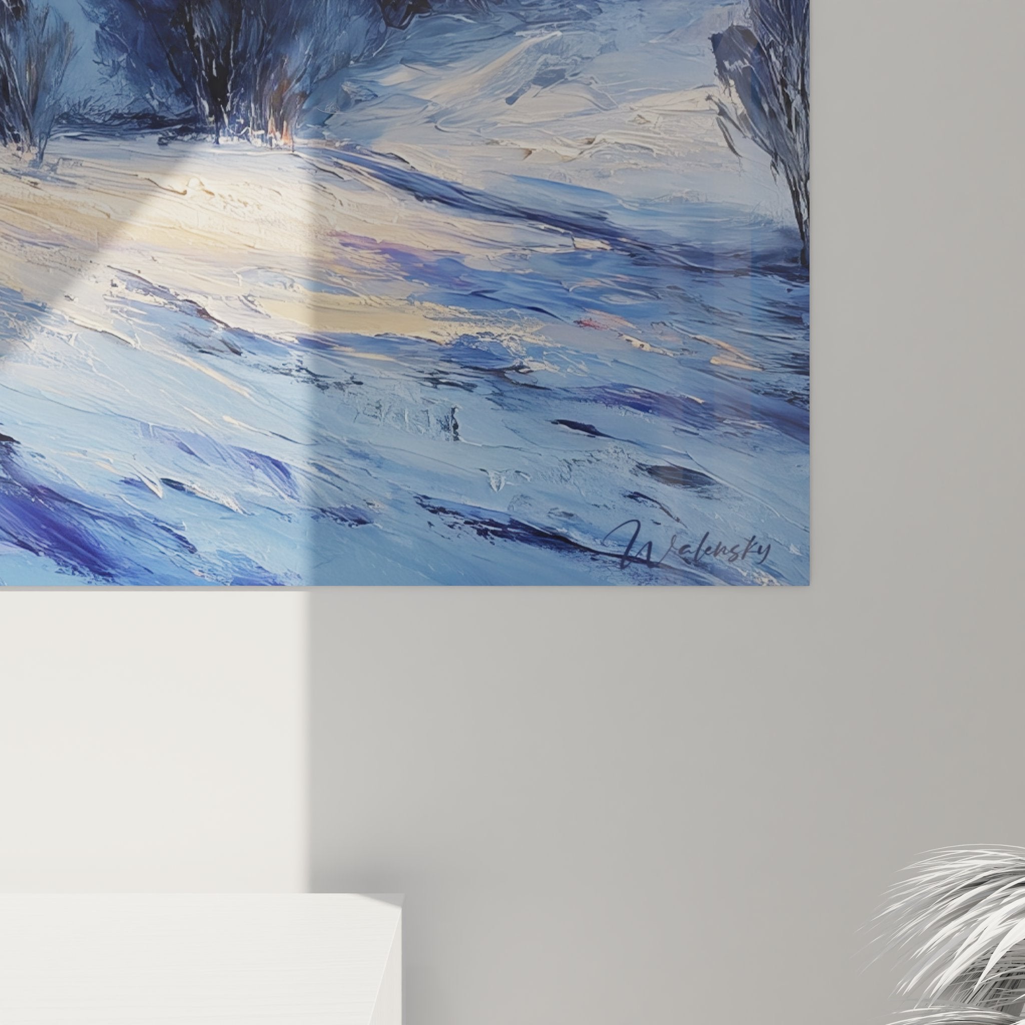 Vue ensemble tableau mural paysage enneigé décoration intérieure art hiver bleu