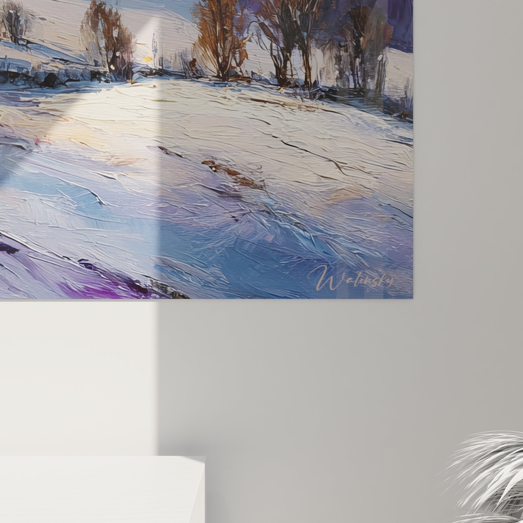 Vue d'ensemble tableau mural hiver, paysage collines enneigées, arbres nus, atmosphère dorée hivernale