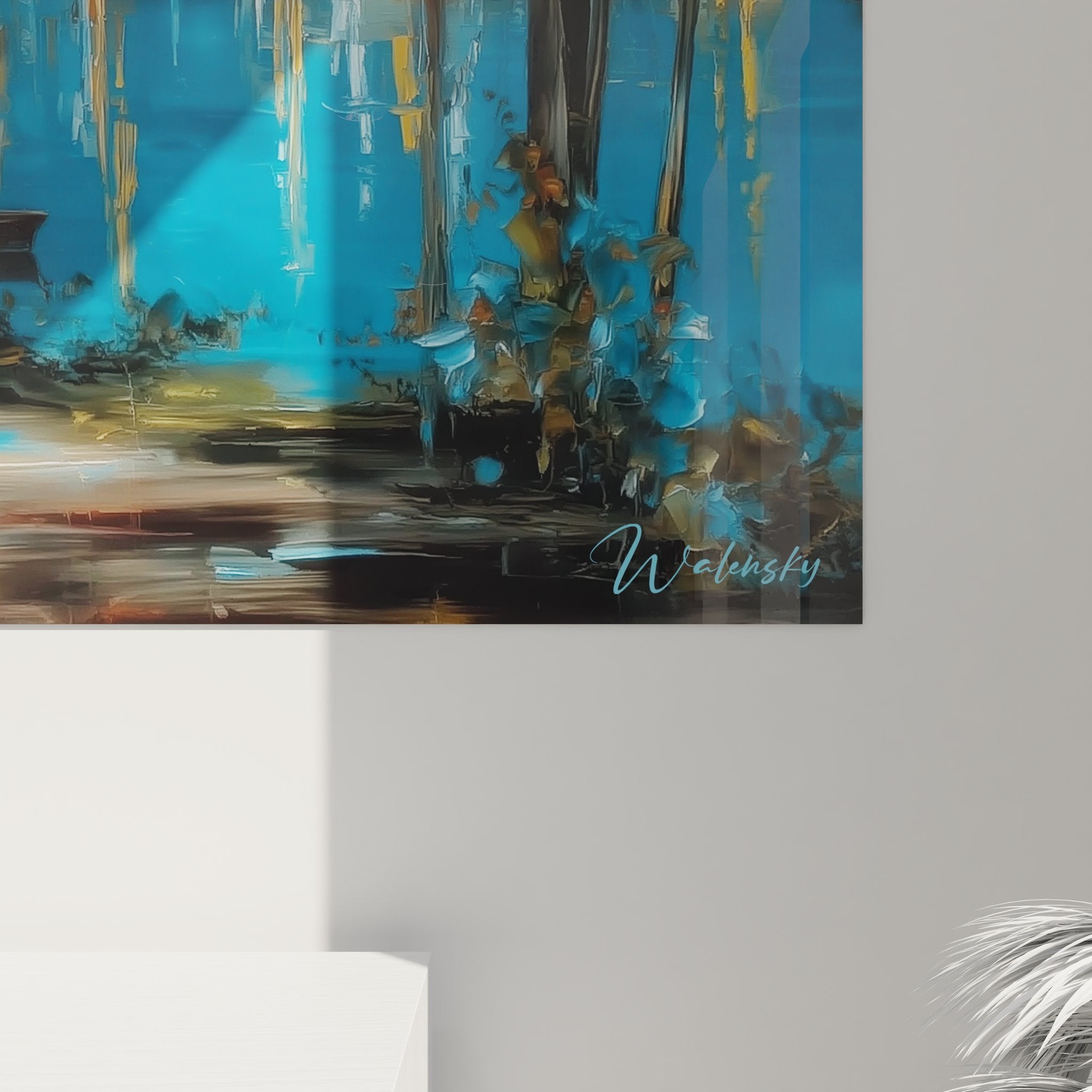 Vue ensemble tableau mural lac en forêt, composition complète paysage nocturne reflets lumineux