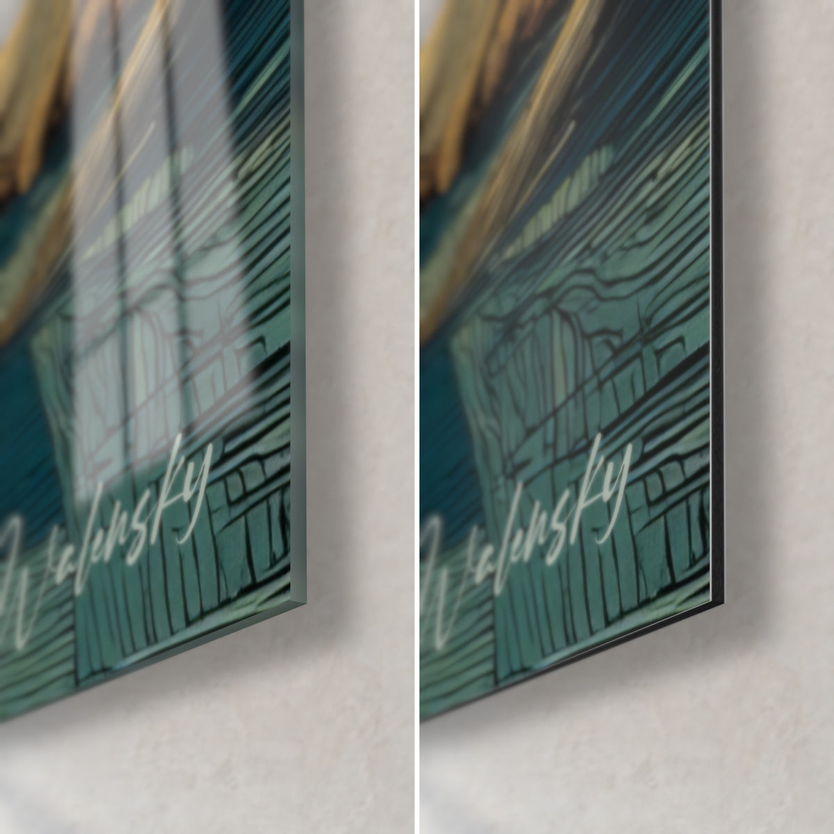 Wall art of a flooded forest, bottom right corner: glossy acrylic glass on the left, matte Dibond aluminium on the right, 3 mm edge visible