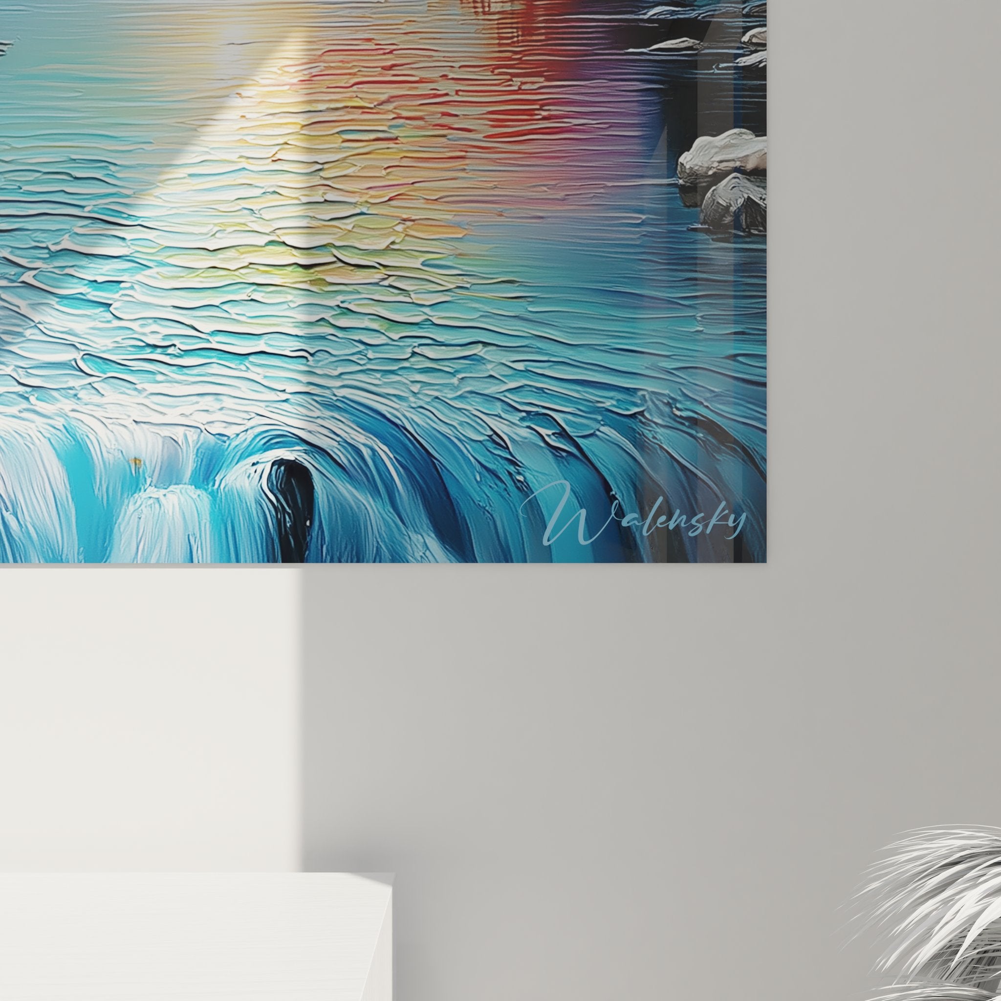 Vue ensemble tableau mural paysage montagne, composition complète rivière cascades et sommets