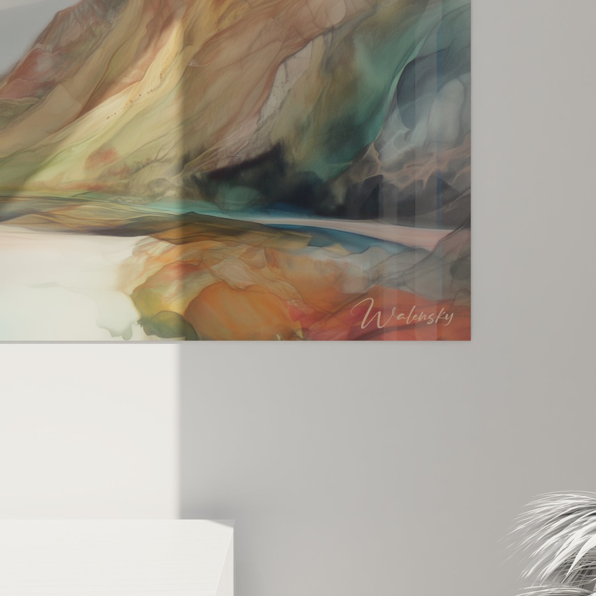 Vue ensemble tableau mural paysage montagneux abstrait dimensions complètes art décoratif nature coloré