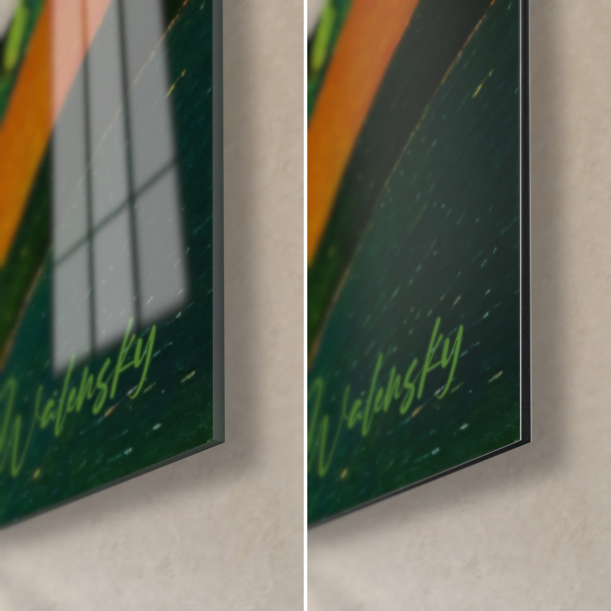 Tableau campagne en touches épaisses vert sombre et orange, coin bas droit, verre brillant à gauche, Dibond mat à droite