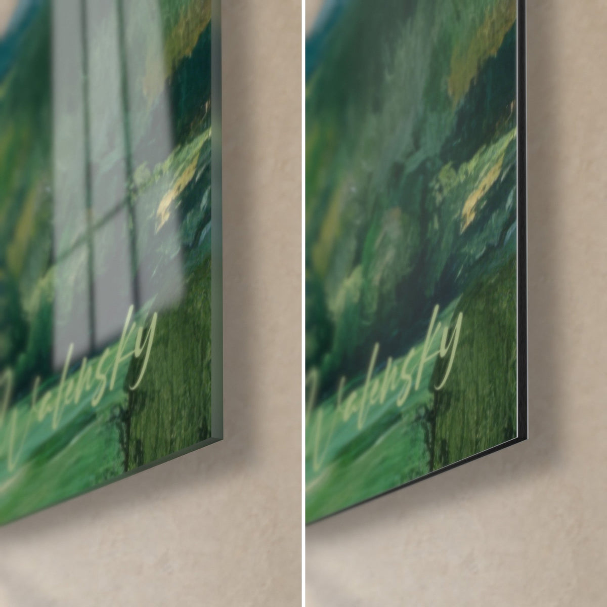 Wall art of a green mountain in oil painting, bottom right corner: glossy glass with reflections, matte Dibond aluminium, 3 mm edge