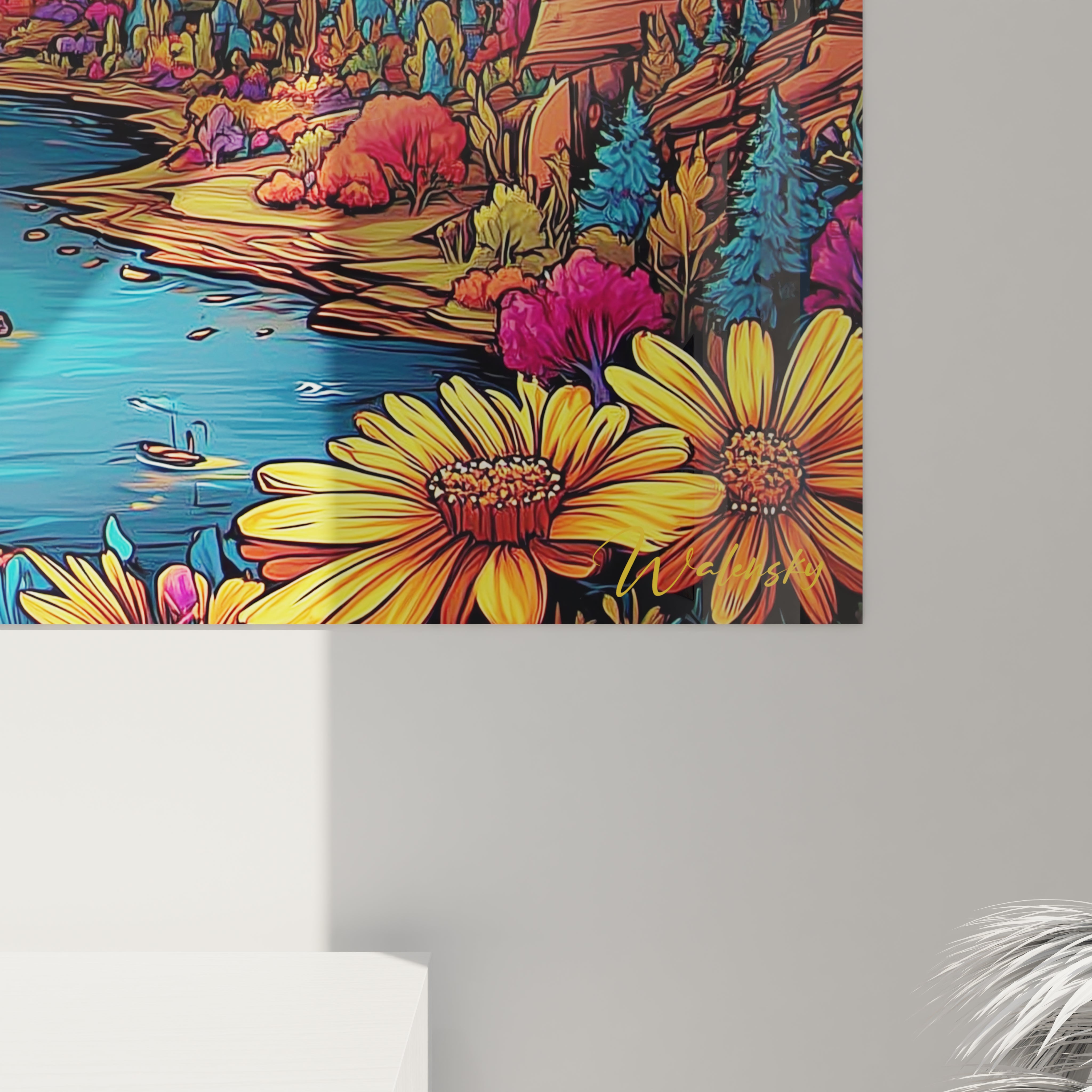 Vue ensemble tableau mural paysage urbain décoratif dans intérieur contemporain élégant