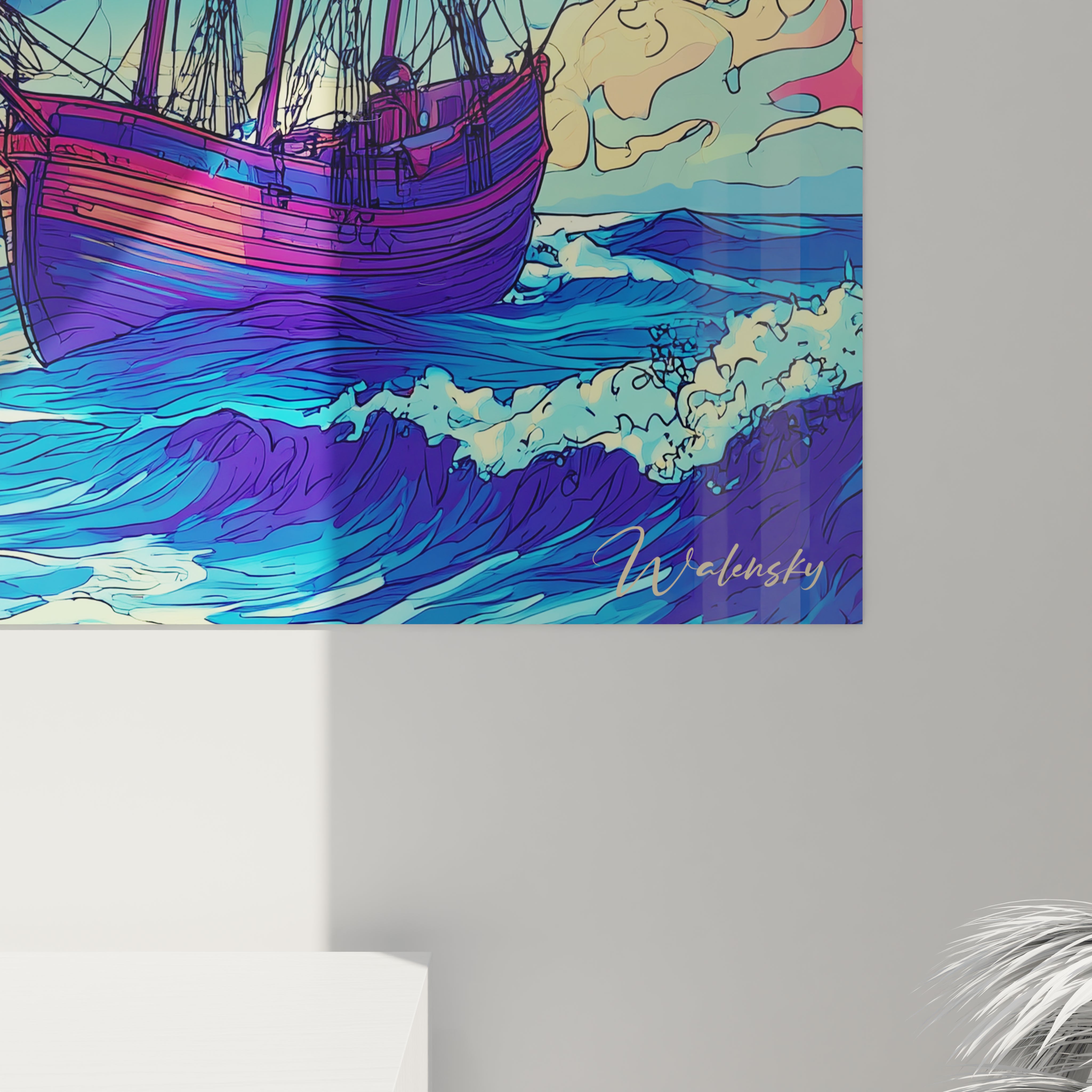 Vue ensemble tableau mural maritime phare et navire bande dessinée scène océanique nuit étoilée