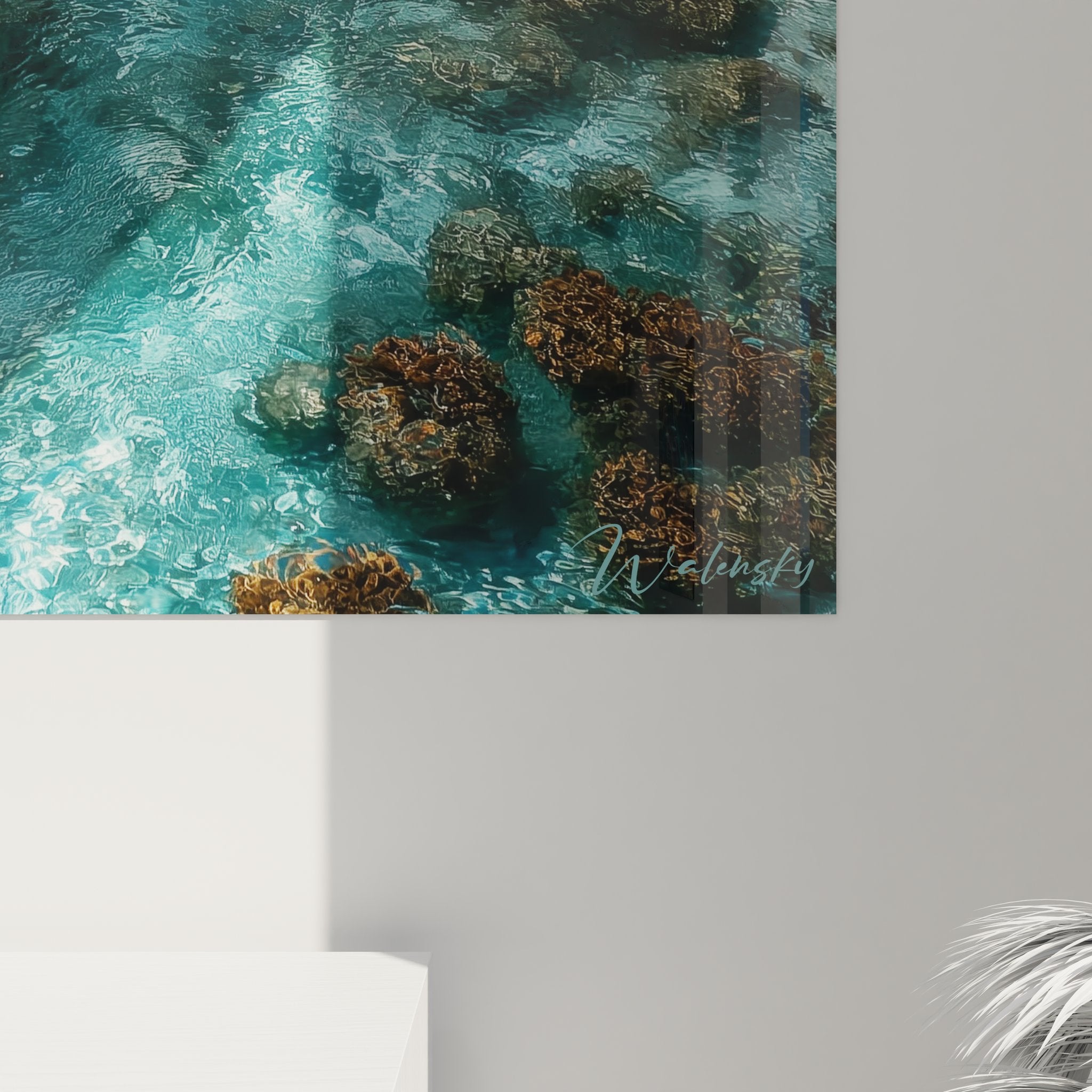 Vue ensemble tableau mural plage paradisiaque Seychelles, décoration océan pour intérieur contemporain