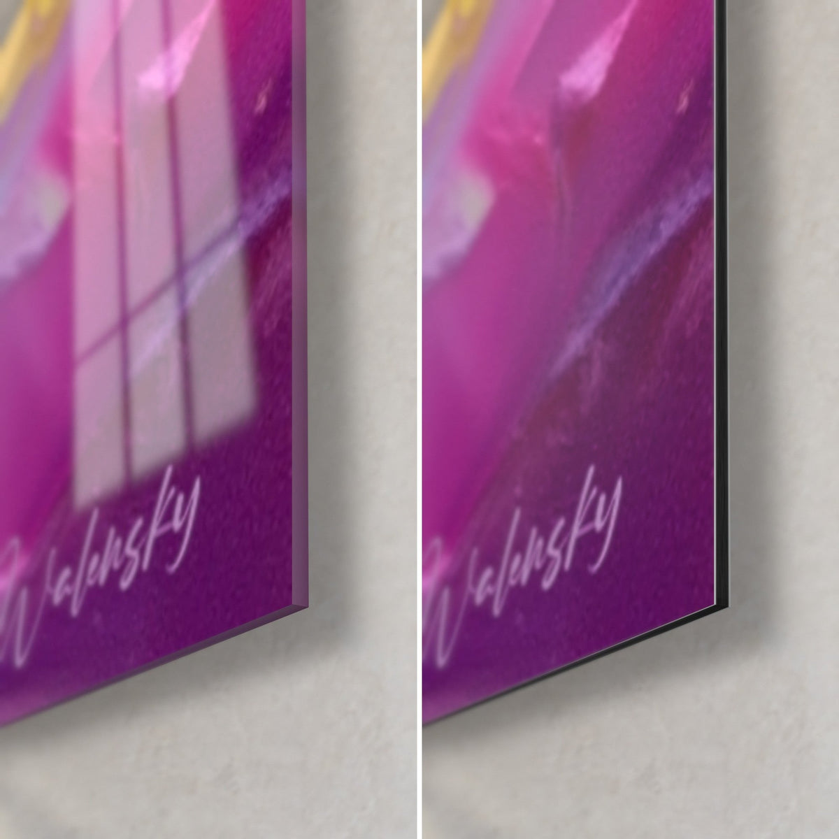 Gemälde tropische Küste, magentafarbene Ecke unten rechts signiert Walensky: glänzendes Acrylglas mit Reflexen, mattes Dibond, 3 mm Stärke