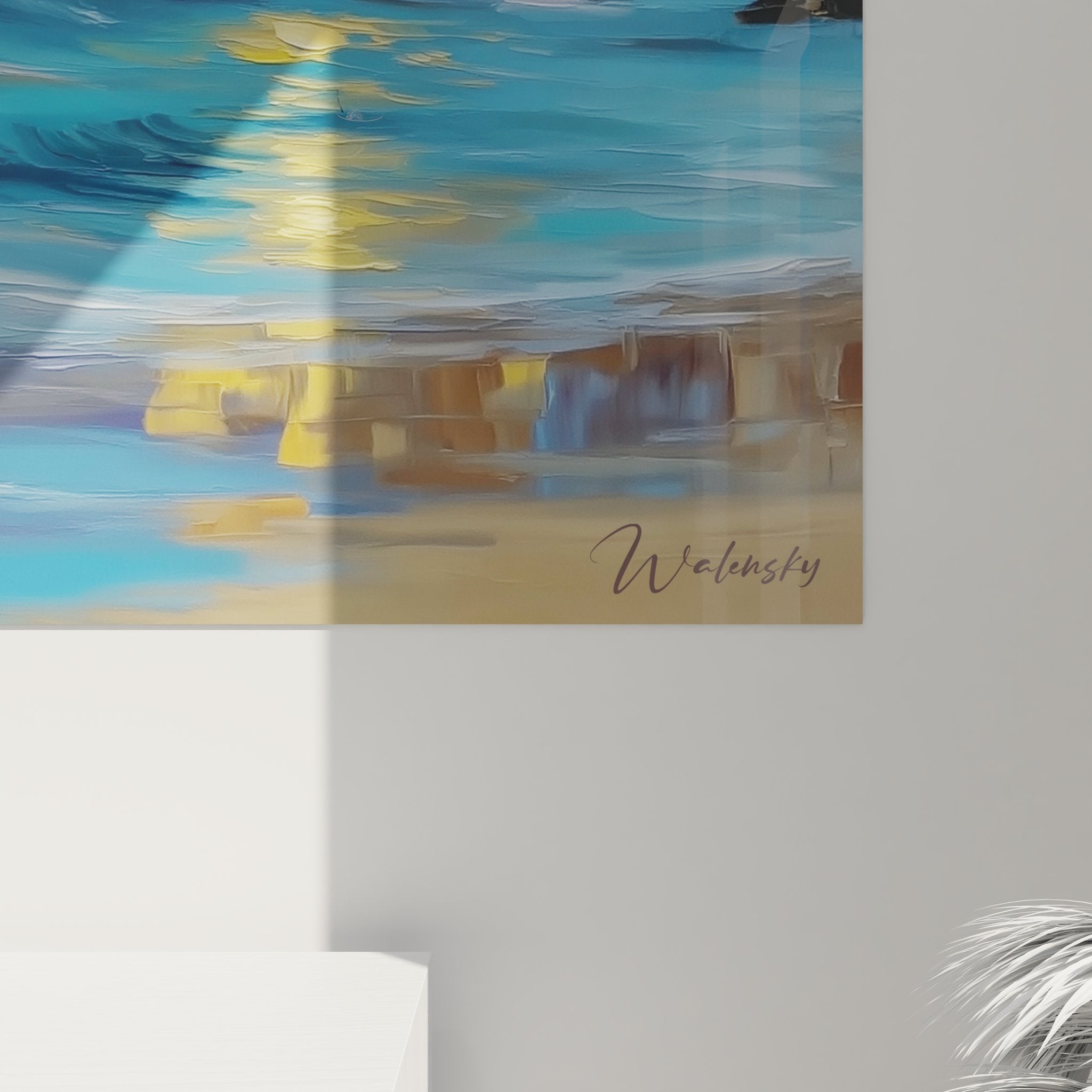 Vue ensemble tableau mural plage méditerranée - peinture village côtier et mer turquoise décorative