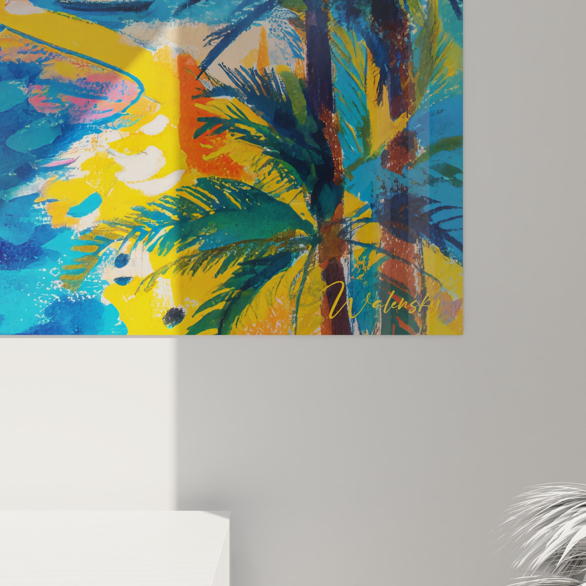 Vue ensemble tableau mural port méditerranéen palmiers décoration bord de mer colorée