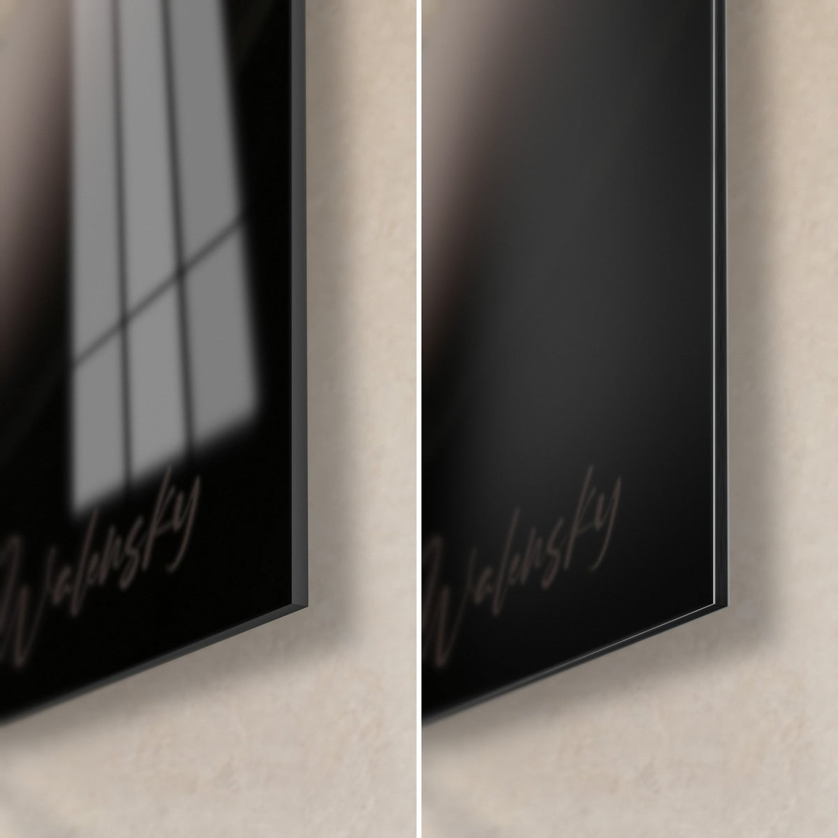 Wall art female profile with red lips, bottom right corner: glossy acrylic glass with reflections and matt black Dibond, 3 mm edge
