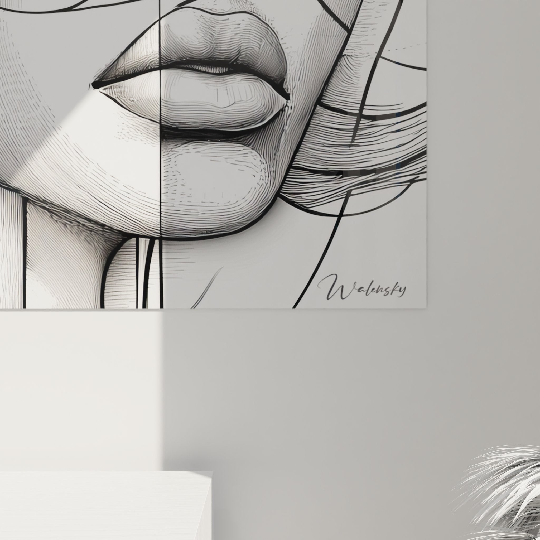 Vue ensemble tableau mural portrait féminin géométrique décoration intérieure moderne noir blanc