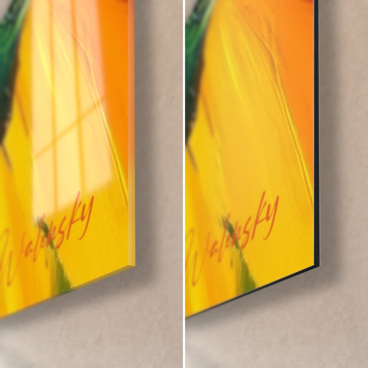Wall art woman with fuchsia and yellow features, bottom right corner: glossy acrylic glass on the left, matte black Dibond on the right