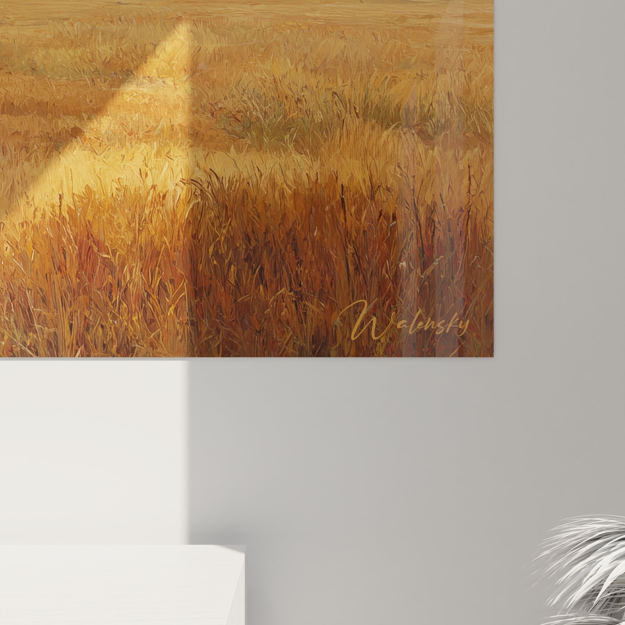 Vue ensemble tableau mural prairie campagnarde avec ciel bleu et montagnes à l'horizon