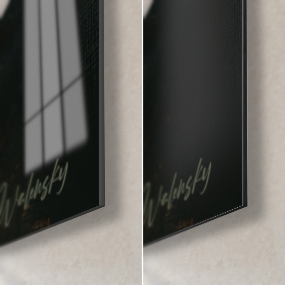 Schilderij Walensky-handtekening in groenspaan op zwarte achtergrond, rechterhoek onder: glanzend acrylglas links, mat Dibond rechts