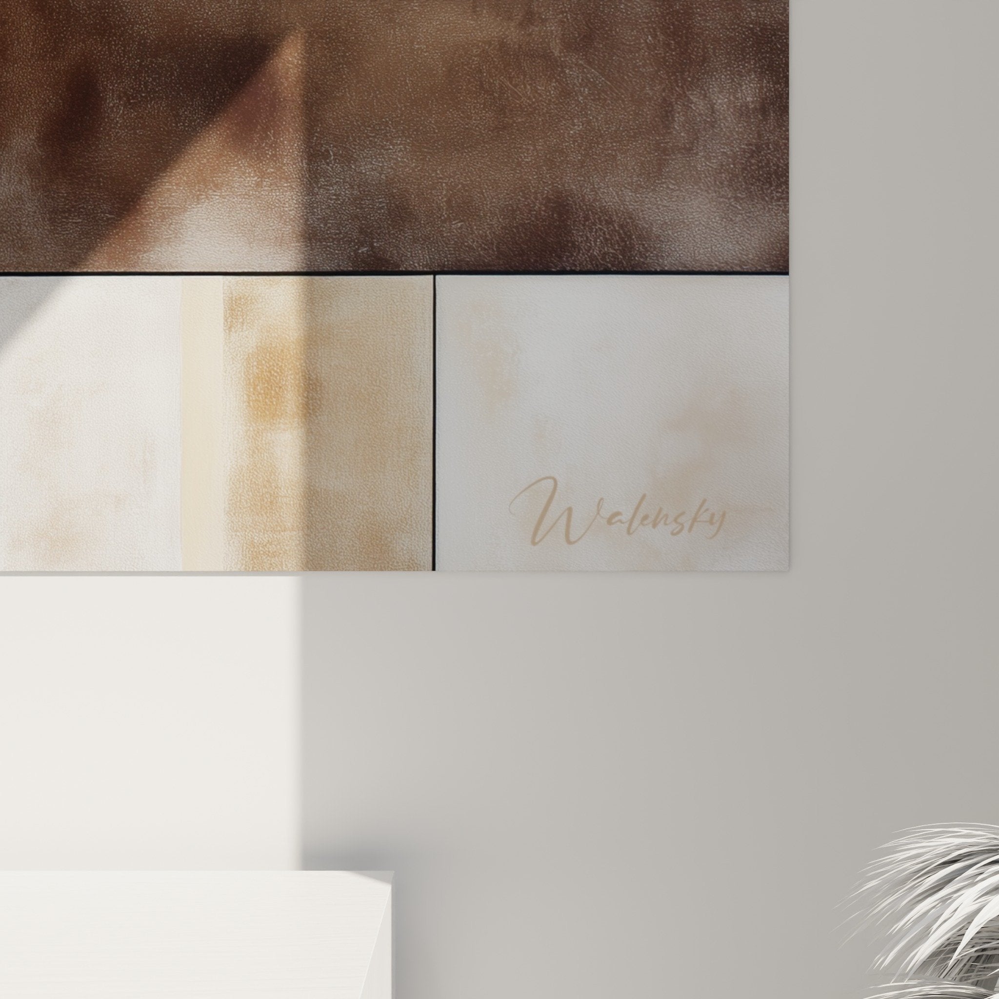 Vue ensemble tableau mural géométrique rectangles beige brun décoration moderne zen