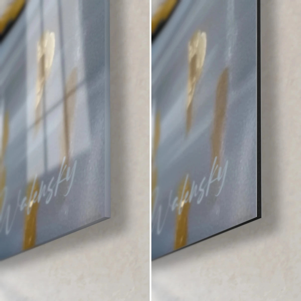Gemälde Riesen mit langen Hälsen, untere rechte Ecke: glänzendes Acrylglas mit Reflexen links, matte Dibond-Platte und schwarze Kante rechts
