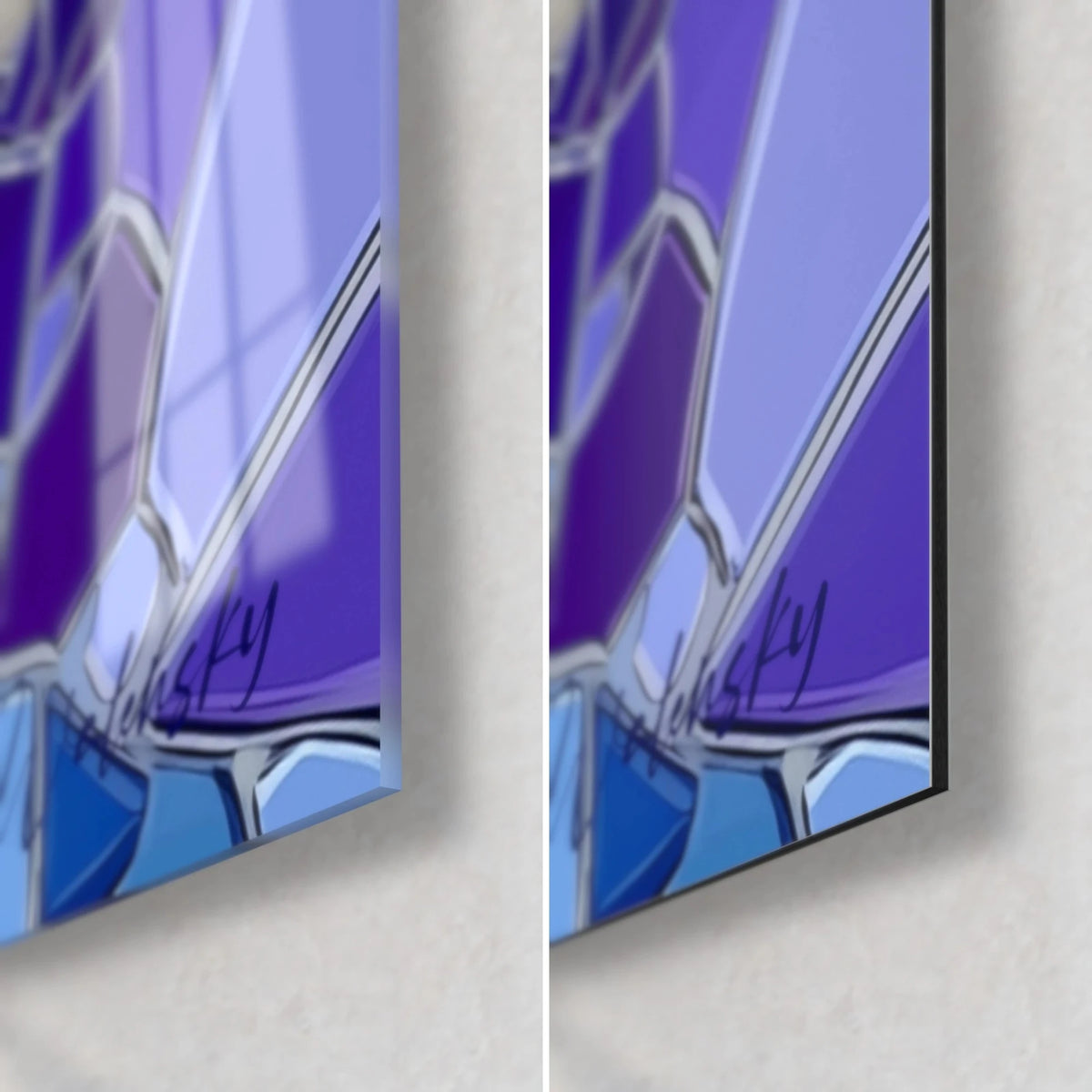 Gemälde Saurier aus violetten und blauen Mosaiksplittern, silberne Signatur, 3 mm Kantenstärke, glänzendes Glas und mattes Dibond