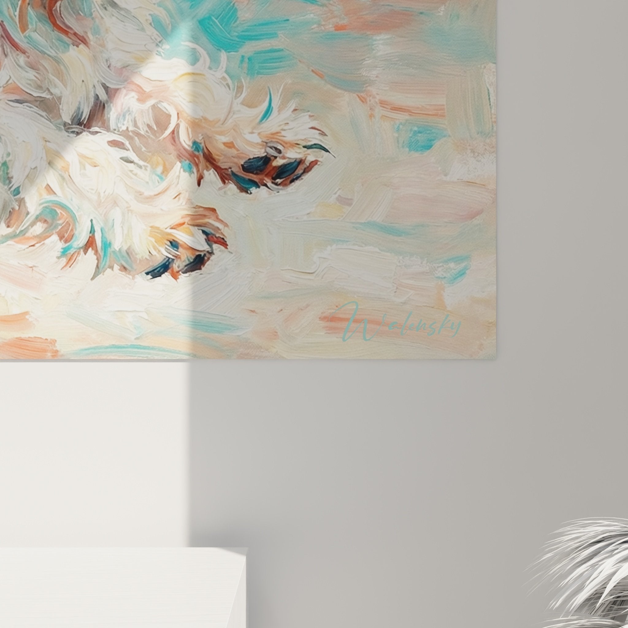 Vue d'ensemble tableau mural Shih Tzu mouvement couleurs vives turquoise corail décoration intérieur moderne