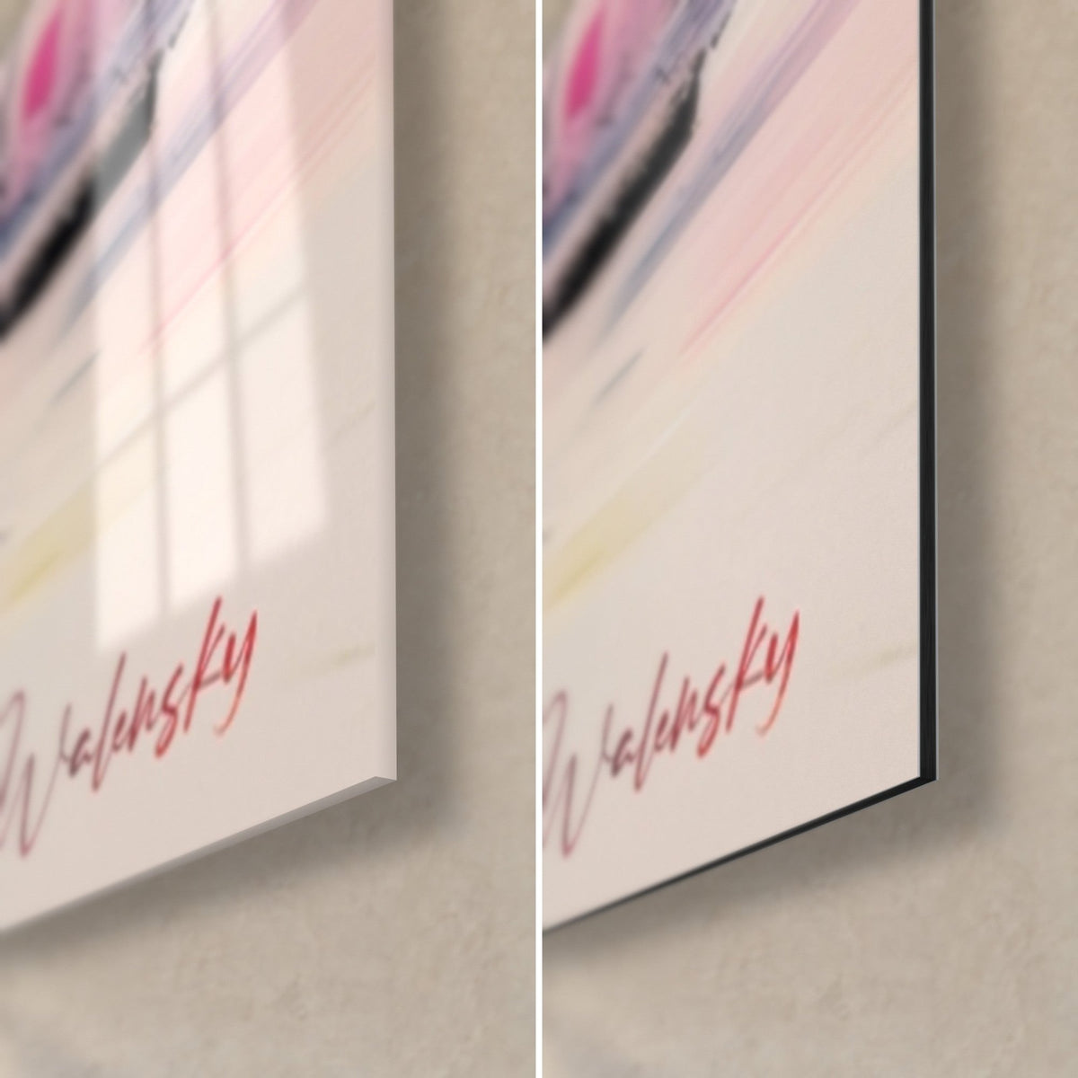 Wall art black and white figure gazing at the sunset, bottom right corner in glossy glass and matte Dibond, pink Walensky signature