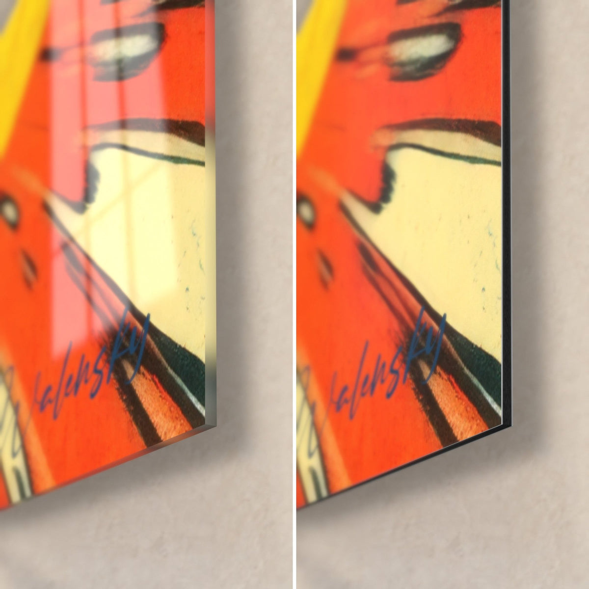 Tableau explosion solaire orange et rouge, coin bas droit : verre acrylique brillant à gauche, alu Dibond mat à droite