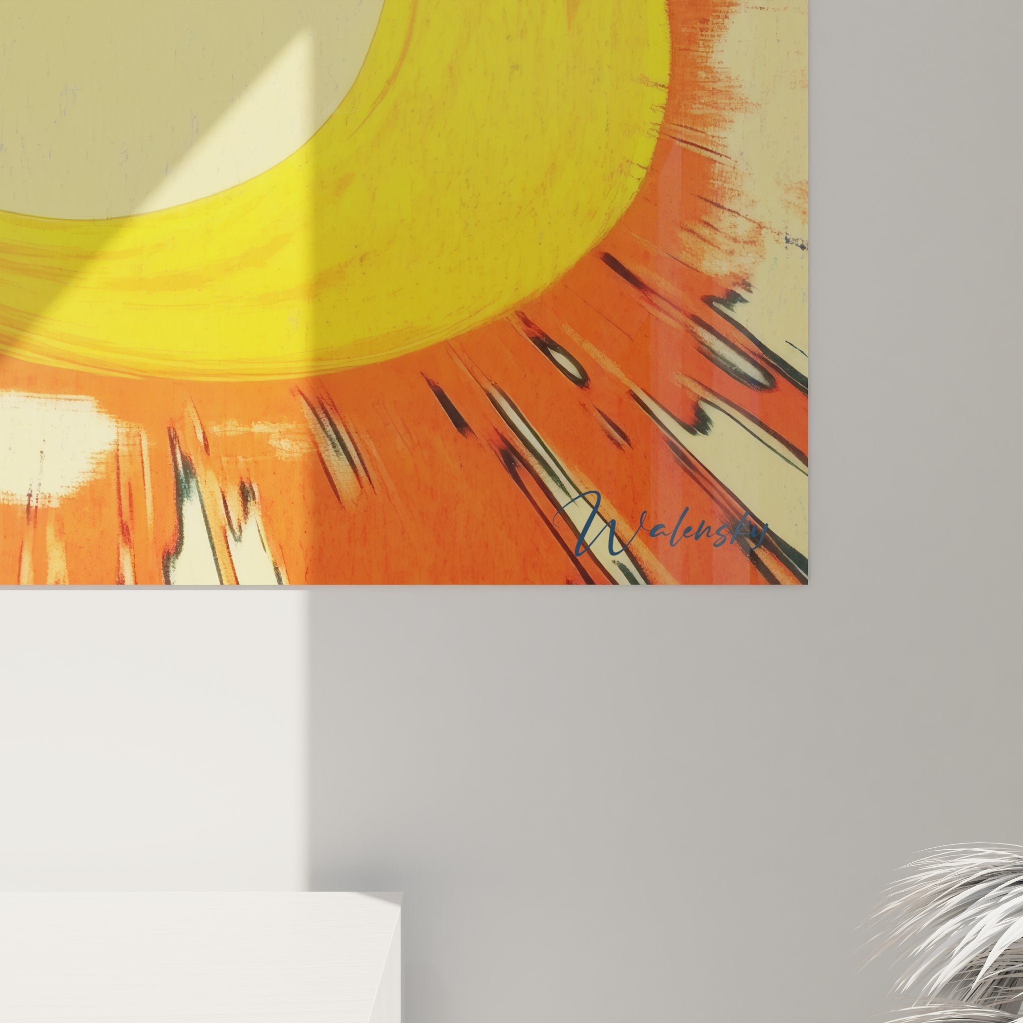 Vue d'ensemble du tableau mural soleil abstrait montrant les rayons colorés et la composition complète