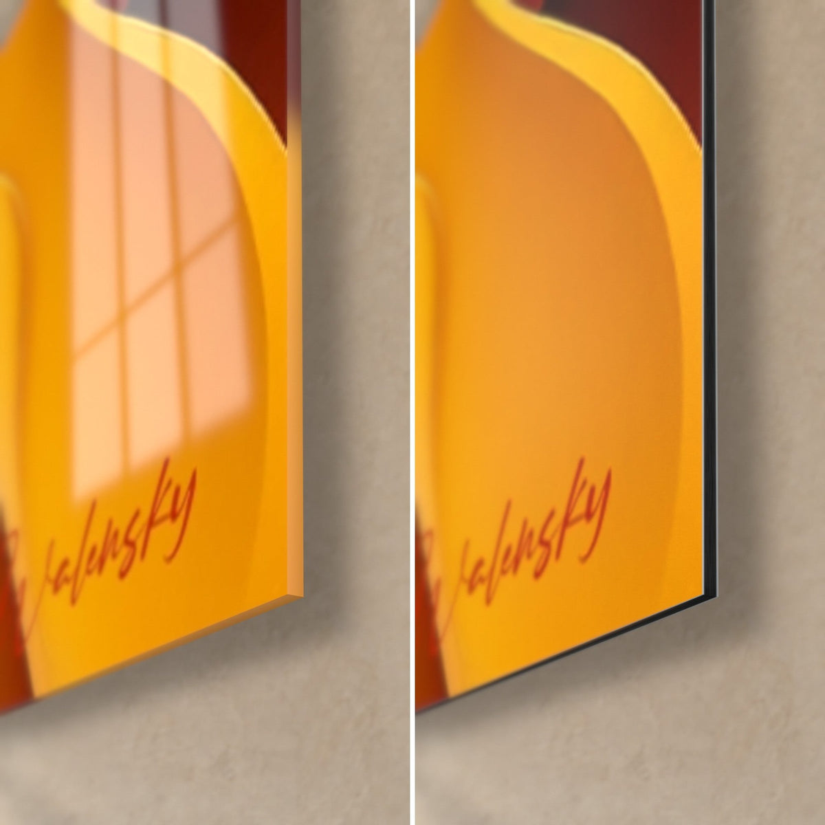 Wall art colorful swirl, bottom right corner: glossy orange acrylic glass on the left, matte brushed Dibond aluminium on the right, 3 mm black edge