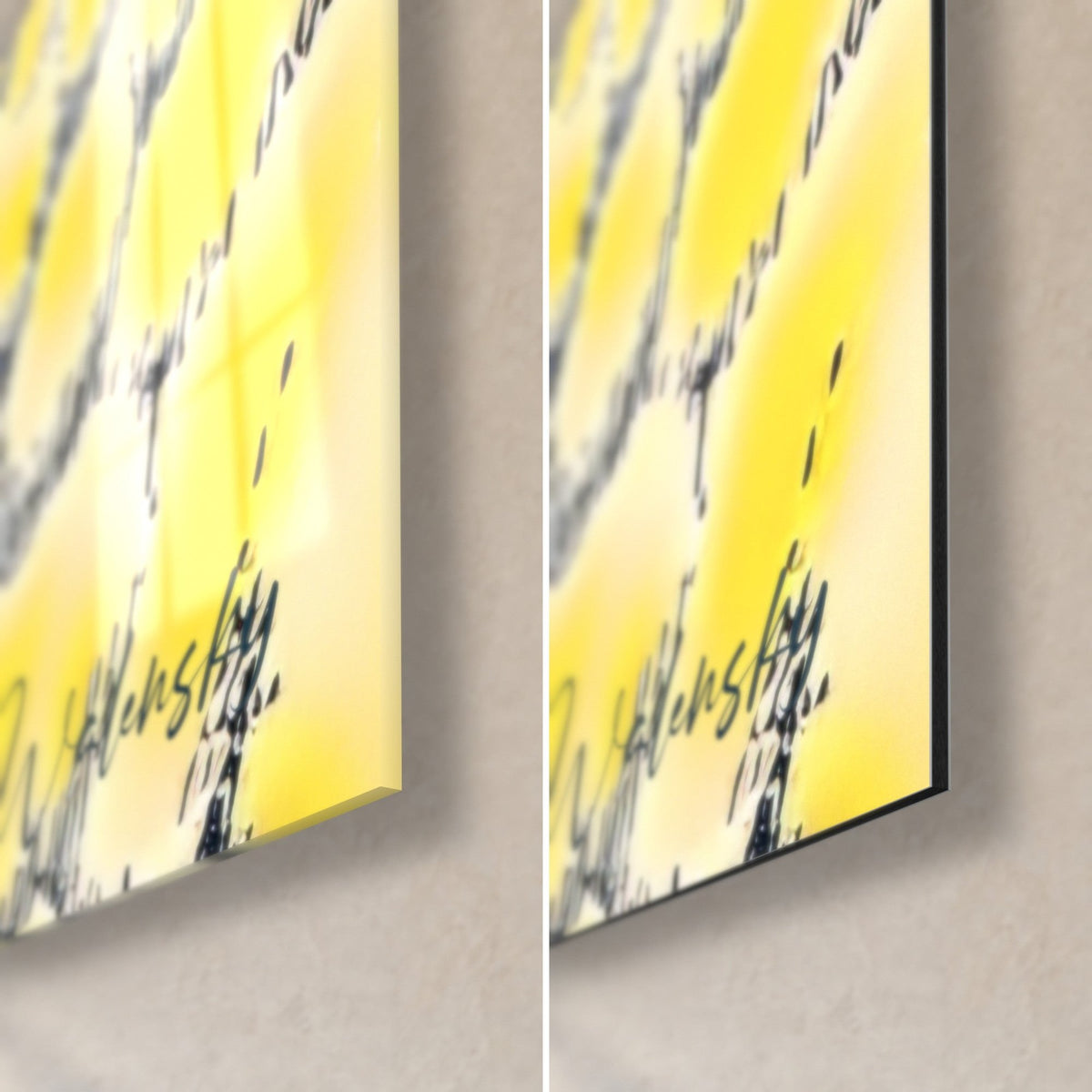 Wall art with a glowing yellow scaled vortex and a midnight blue ink line, bottom right corner: glossy glass on the left, matte Dibond on the right