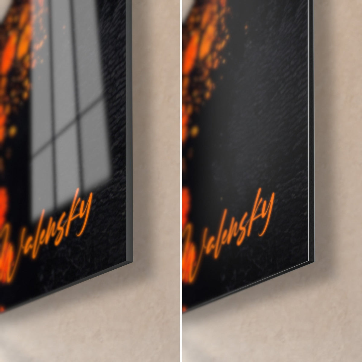 Schilderij met abstracte vortex in oranje en zwart, rechtsonder: glanzend acrylglas links, mat Dibond rechts, 3 mm rand