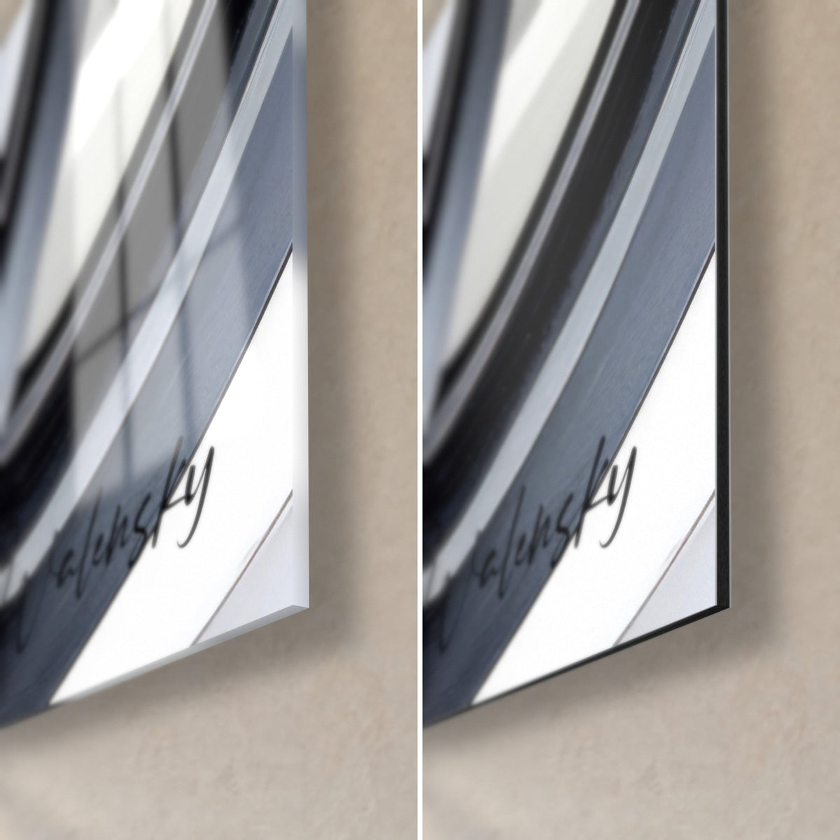 Wall art bather with a loose swirled bun, bottom right corner: reflections on glossy acrylic glass, matte black Dibond, 3 mm edge