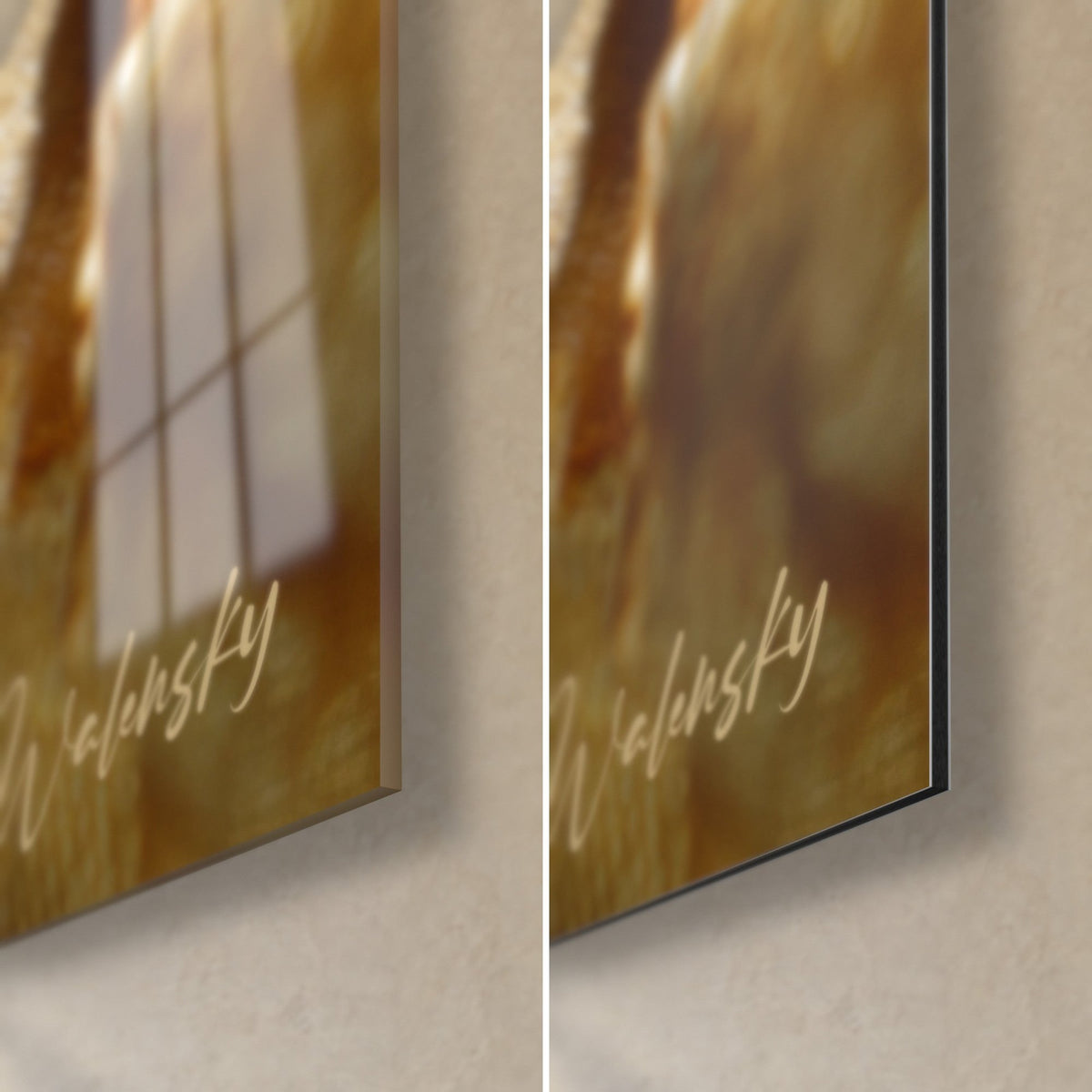 Wall art with crumpled gold and blue fabrics, bottom right corner: glossy acrylic glass on the left, matte Dibond aluminium on the right, 3 mm edge