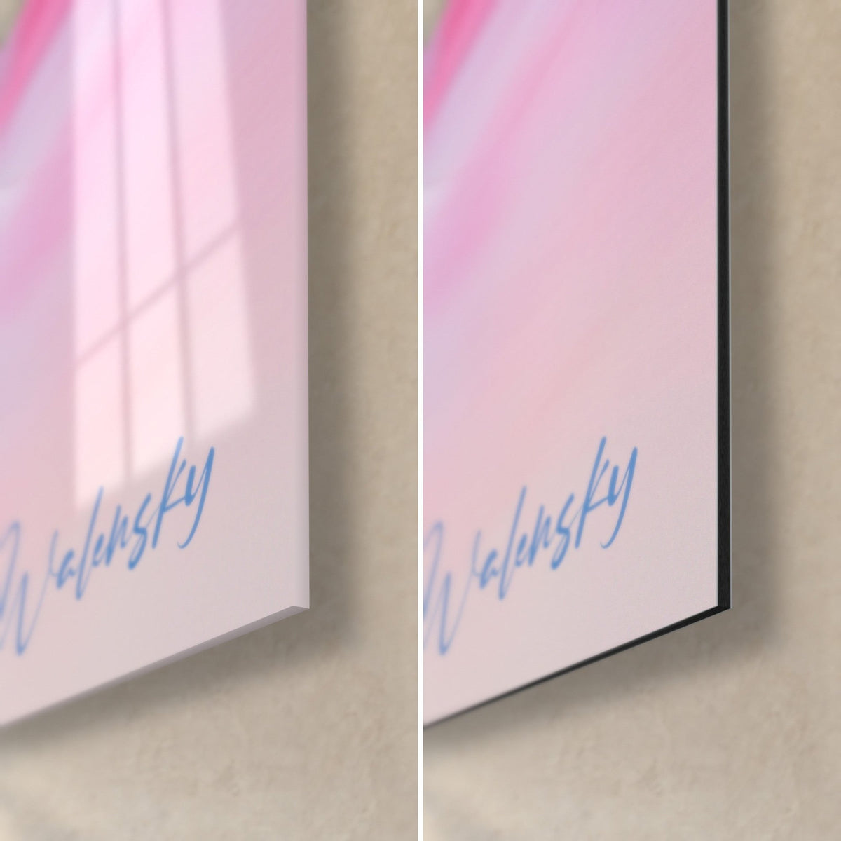 Quadro vortice astratto rosa pallido, angolo in basso a destra con firma blu Walensky, vetro acrilico lucido a sinistra, Dibond nero opaco a destra