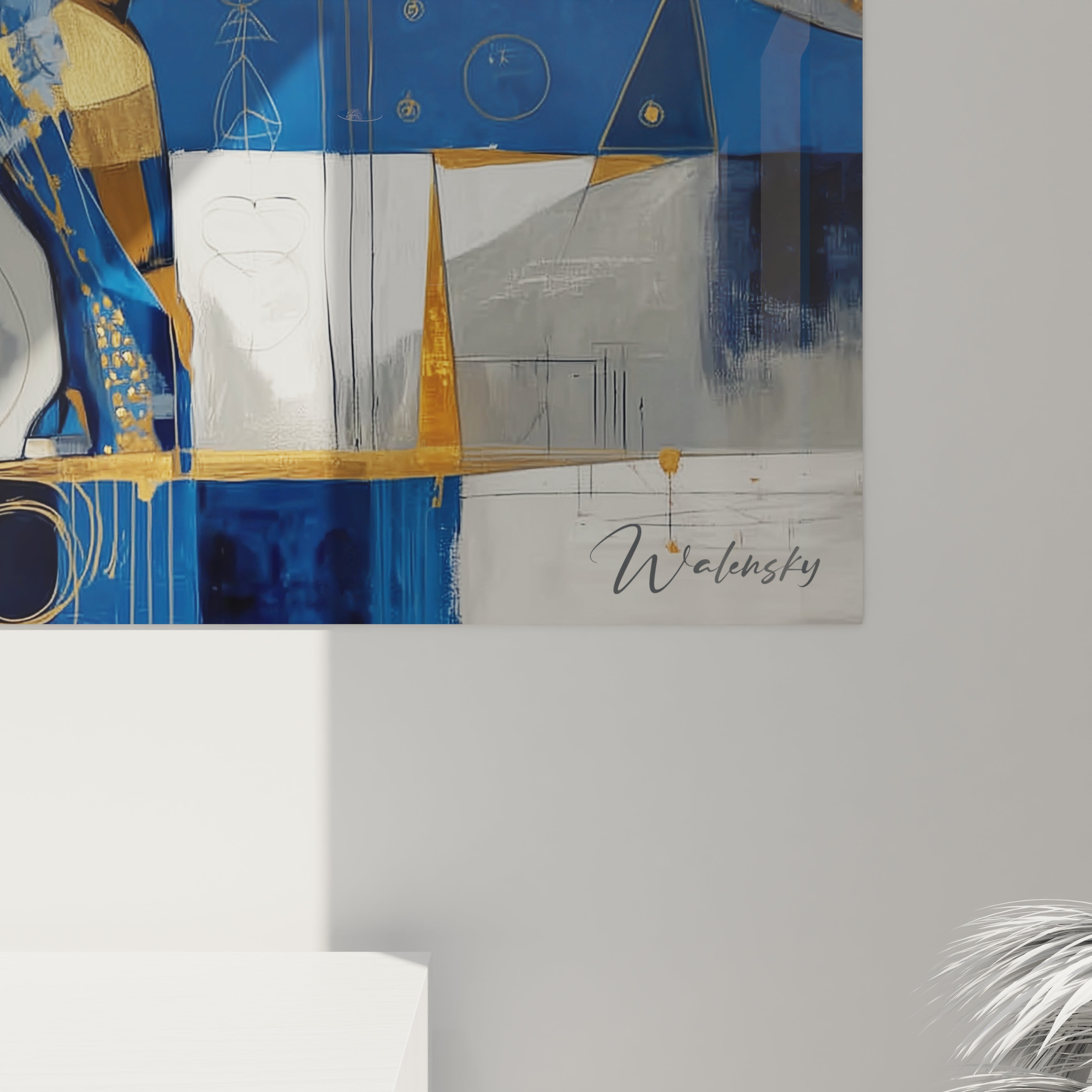 Vue ensemble tableau mural tricératops géométrique, décoration dinosaure moderne pour intérieur contemporain