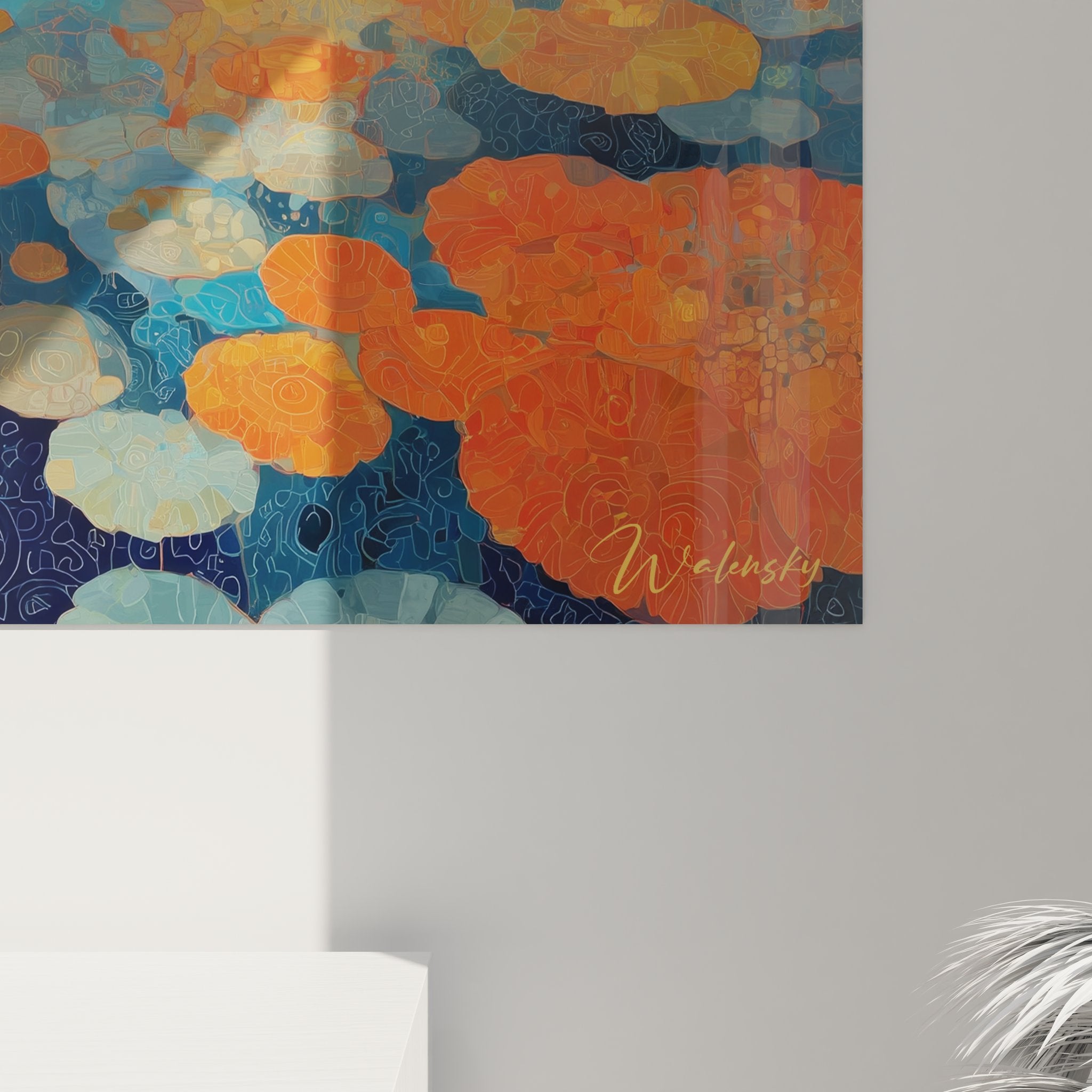 Vue ensemble tableau mural tropical piscine, œuvre art décoratif îles et archipels contemporain